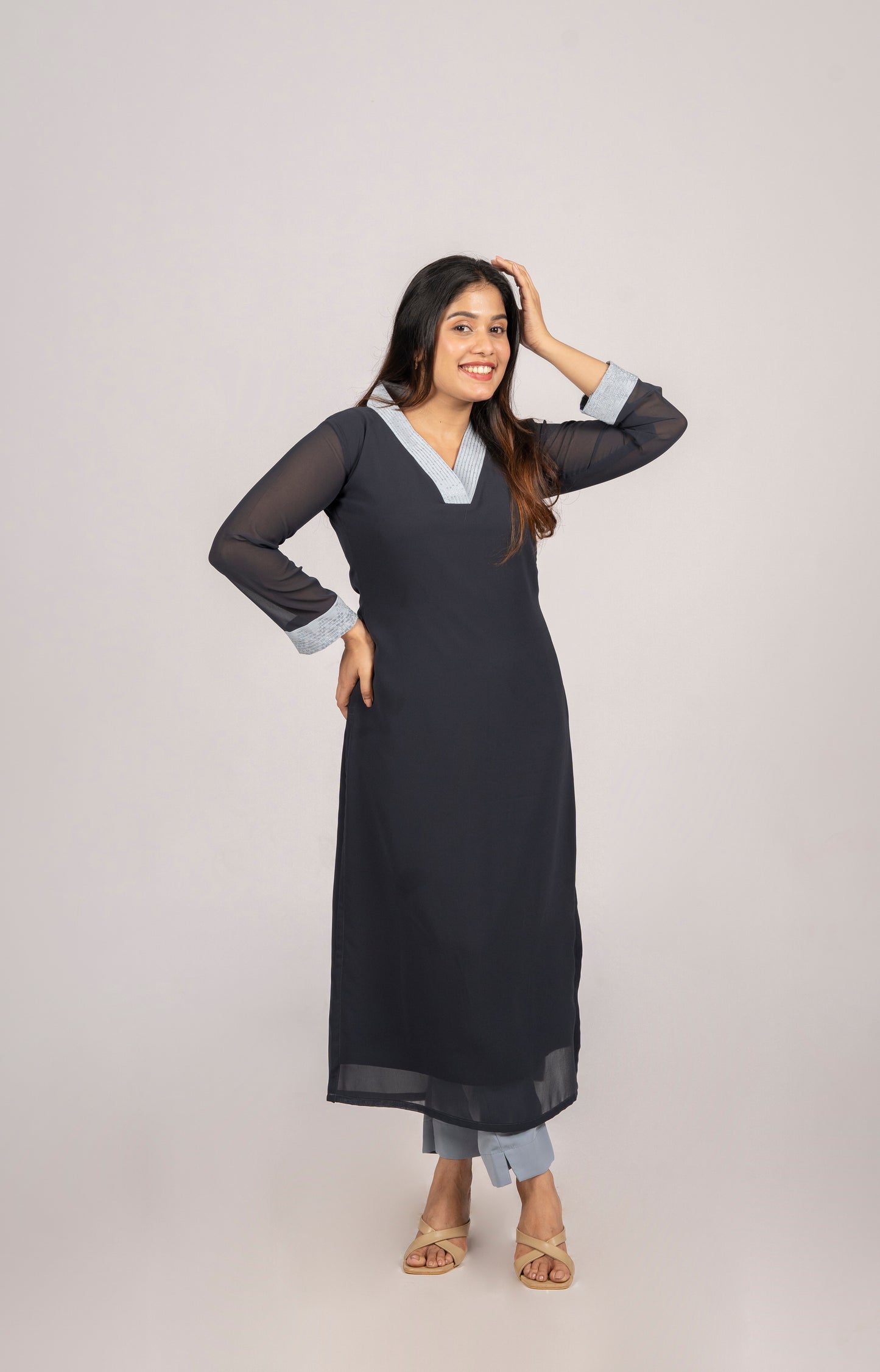 Dark grey shaded georgette  kurti with highlighted collar neck MBS-294