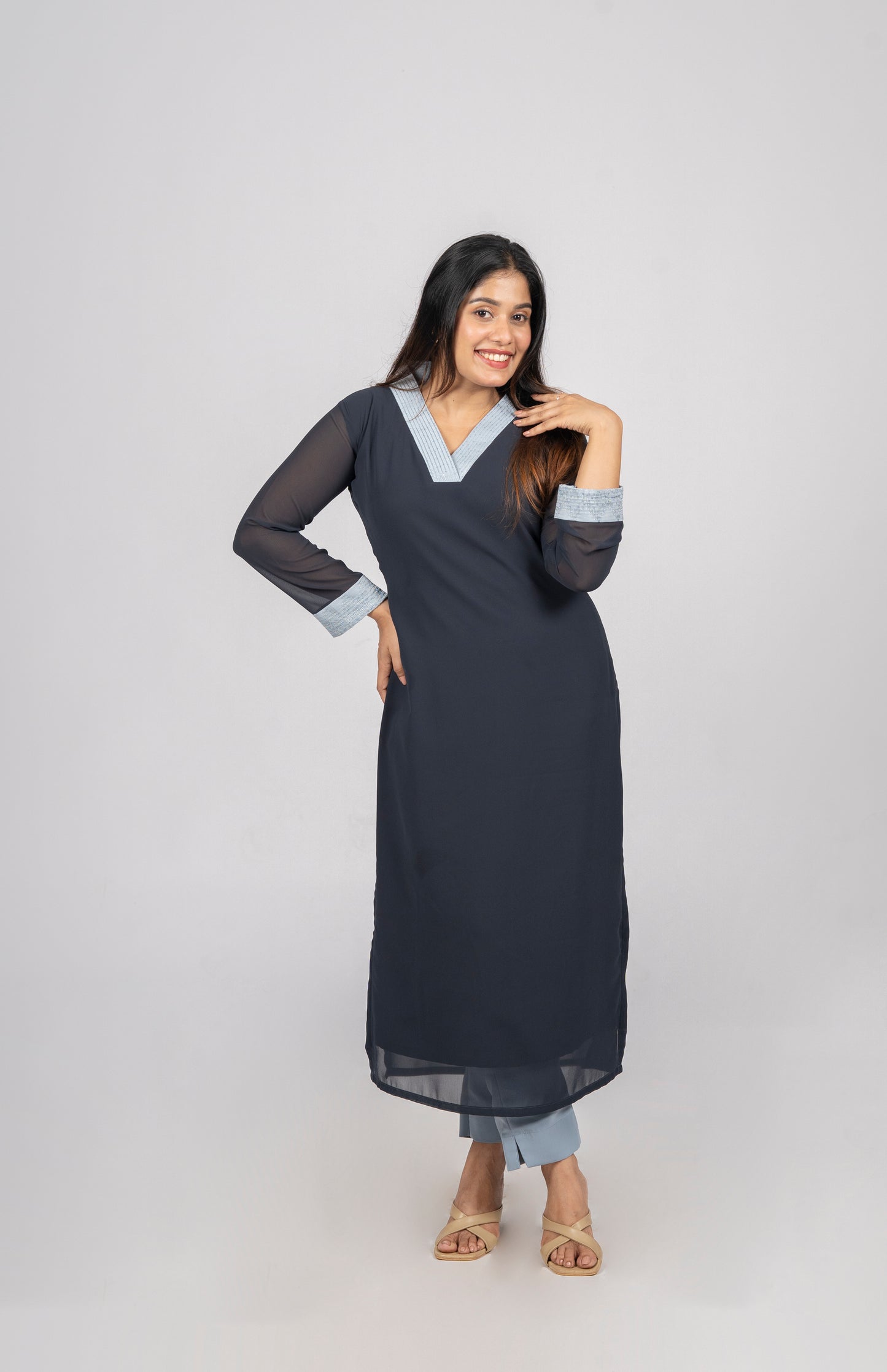 Dark grey shaded georgette  kurti with highlighted collar neck MBS-294