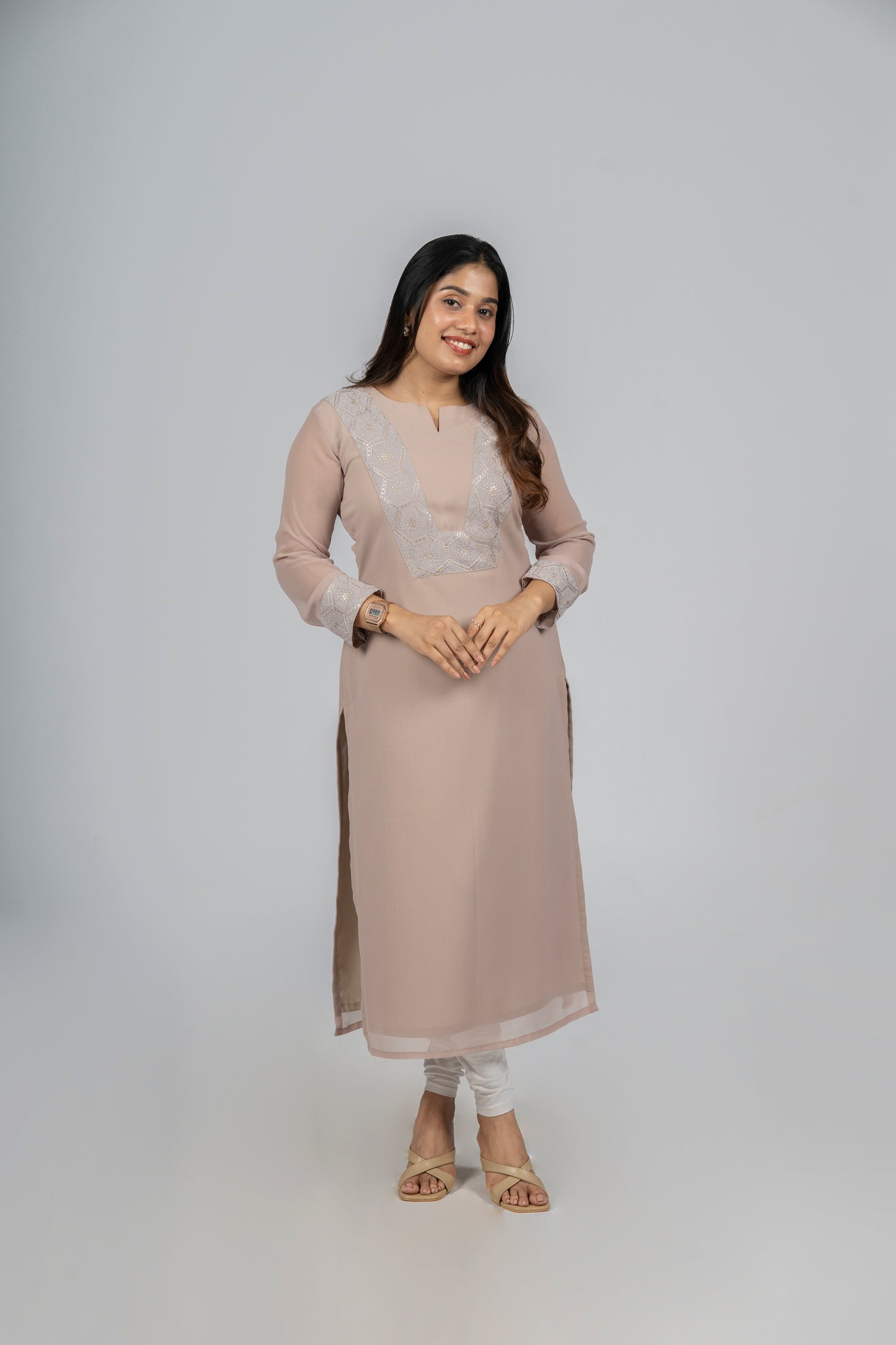 Light Beige shaded georgette kurti with sequins yoke MBS-297