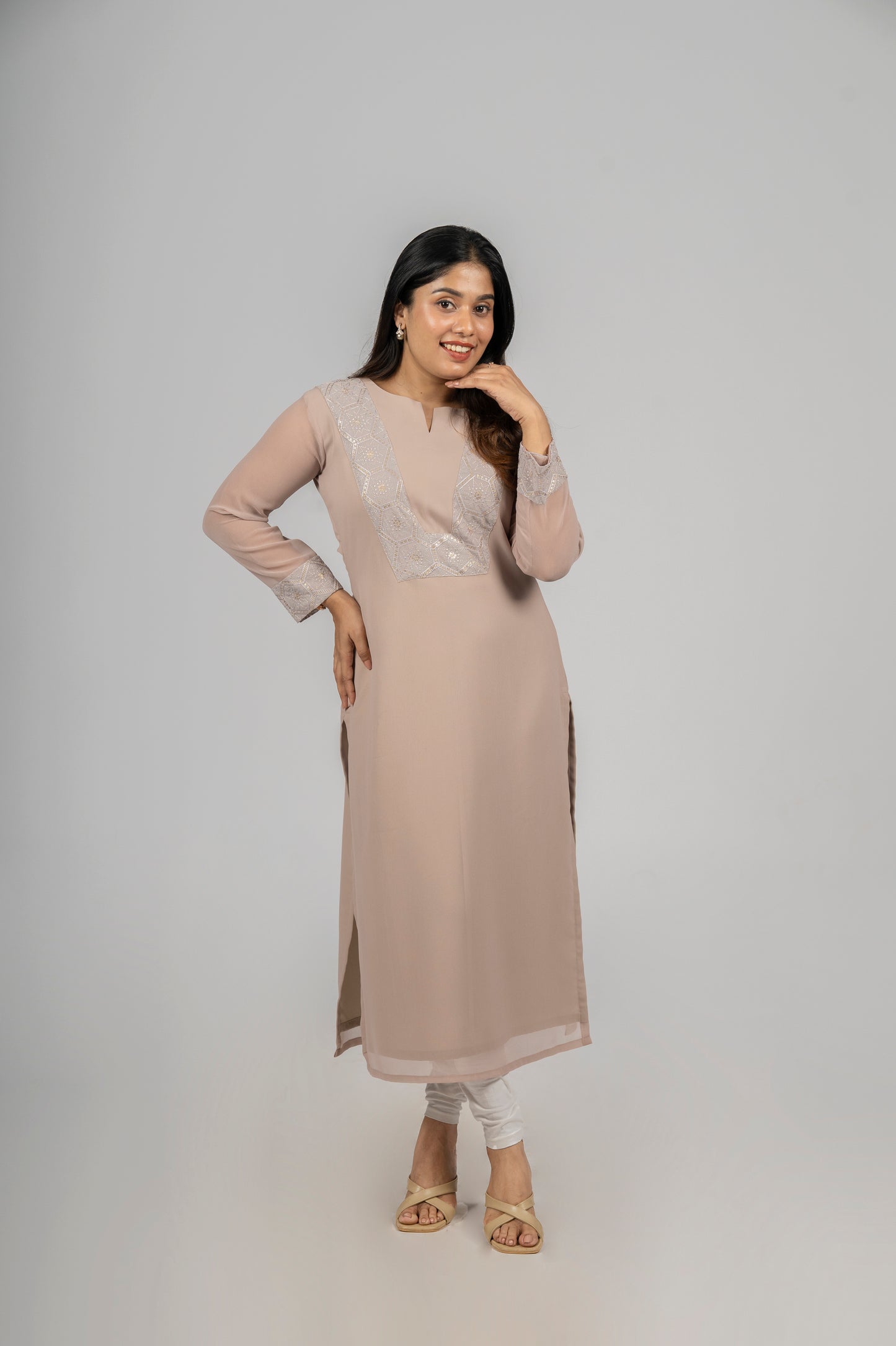 Light Beige shaded georgette kurti with sequins yoke MBS-297