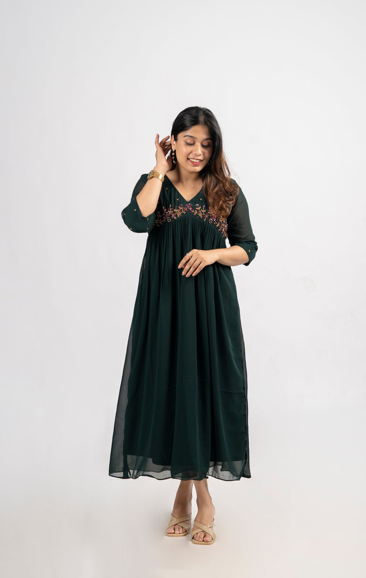 Alia cut A-line partywear georgette kurti in bottle green shade with handworked yoke and sleeves MBS-260