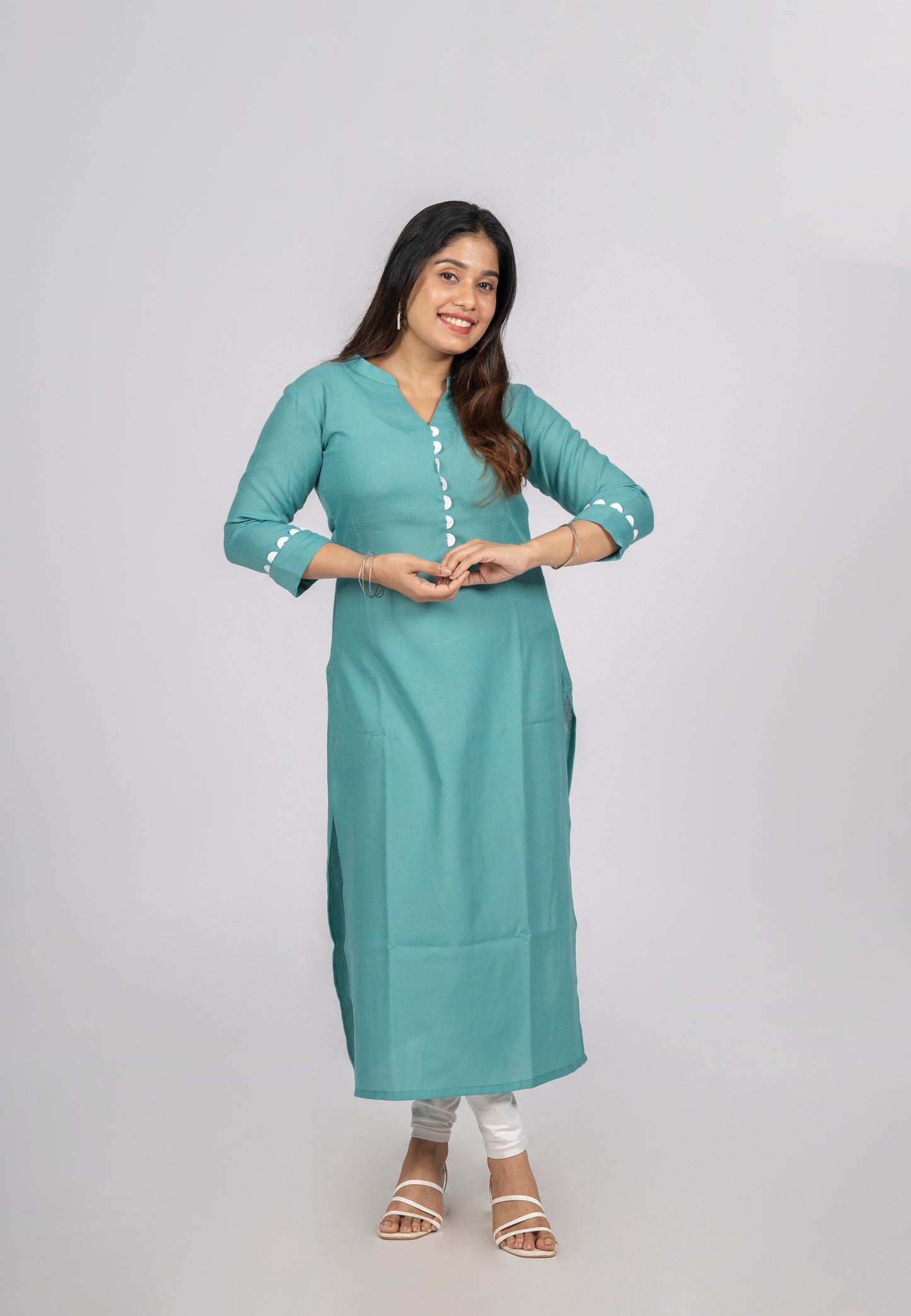 Teal green cotton slub lining kurti with lace detailing MBS-283