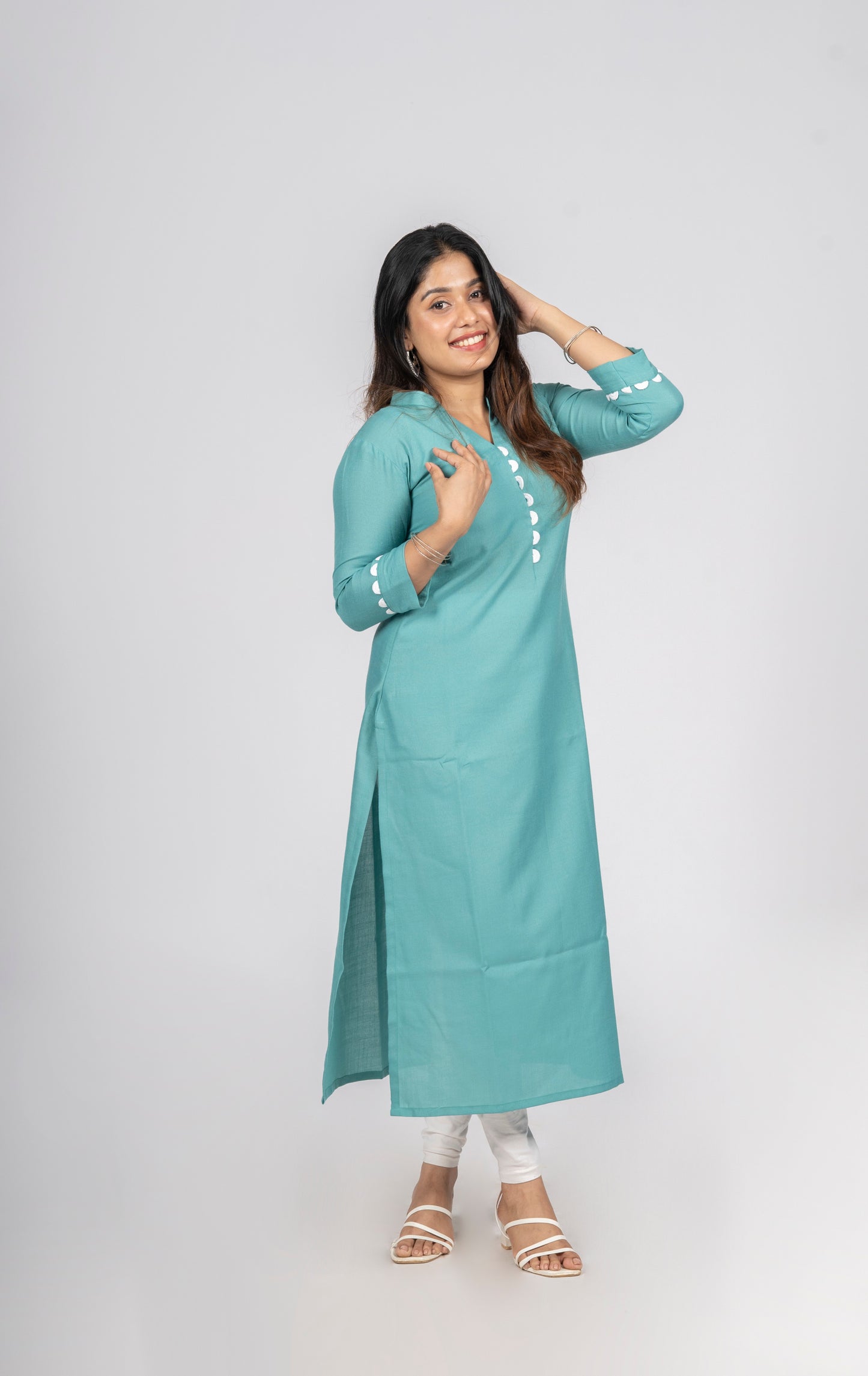 Teal green cotton slub lining kurti with lace detailing MBS-283