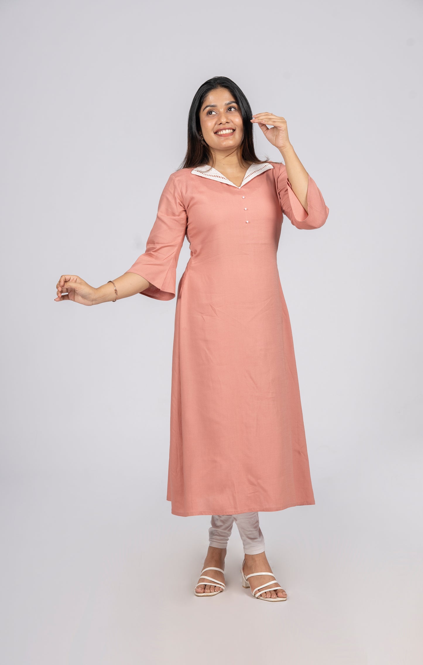 Peach reyon A-line kurti with highlighted front collar MBS-276