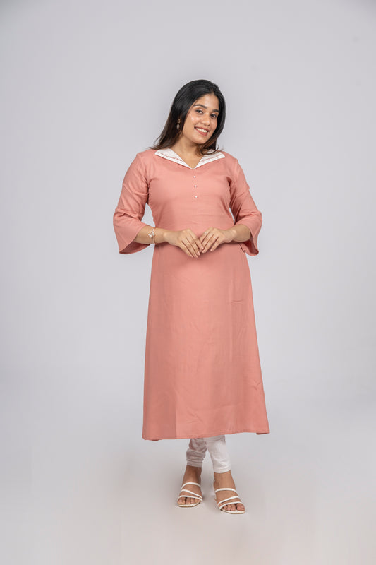 Peach reyon A-line kurti with highlighted front collar MBS-276