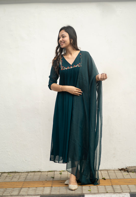 Green blooming georgette Aline kurti with handworked yoke and gathers MBS-577