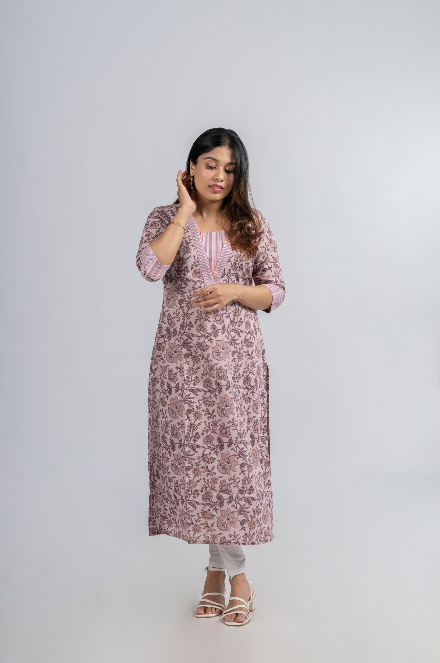 Pastel pink soft cotton  floral print slitted kurti with collar neck MBS-263