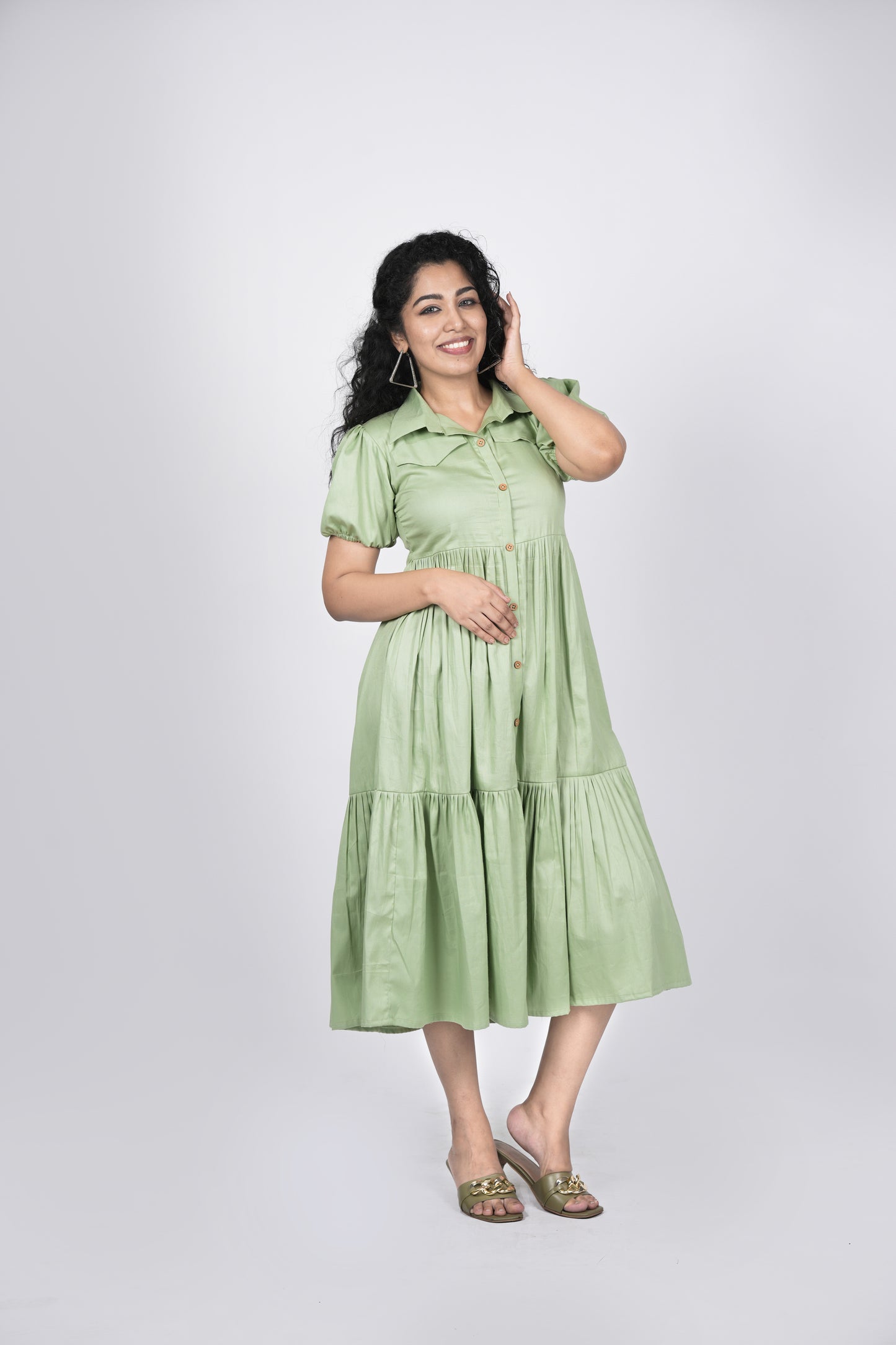 Pista green tiered shirt dress in glazed cotton fabric MBS-R66