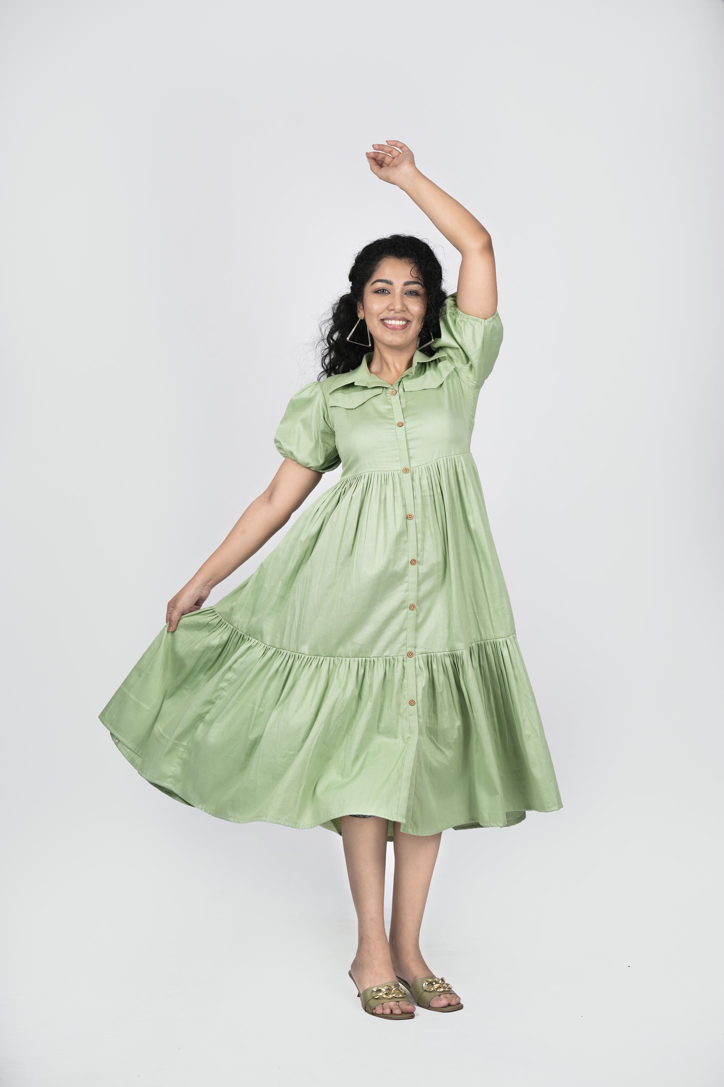 Pista green tiered shirt dress in glazed cotton fabric MBS-R66