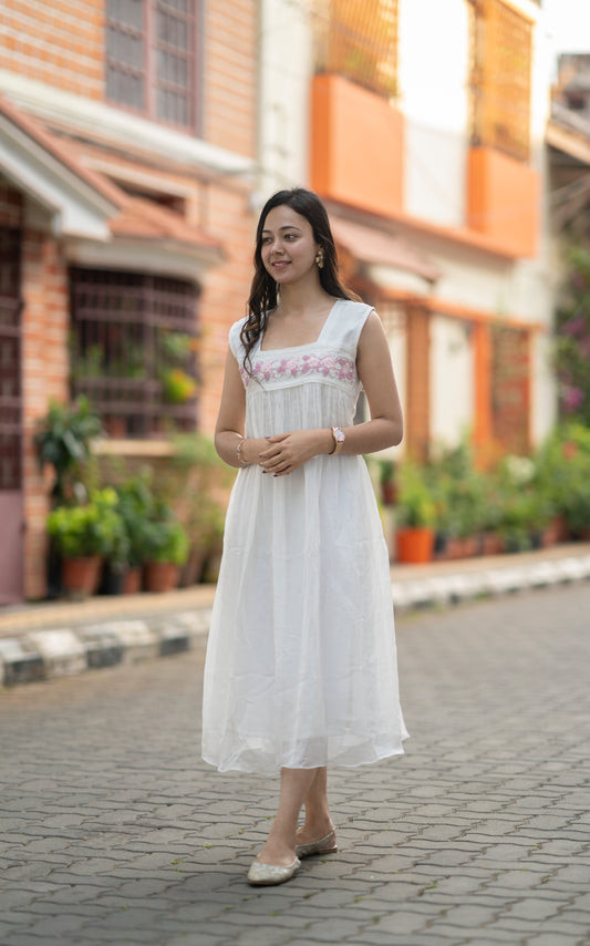 White viscose organza Aline kurti with heavy hand worked yoke MBS-578