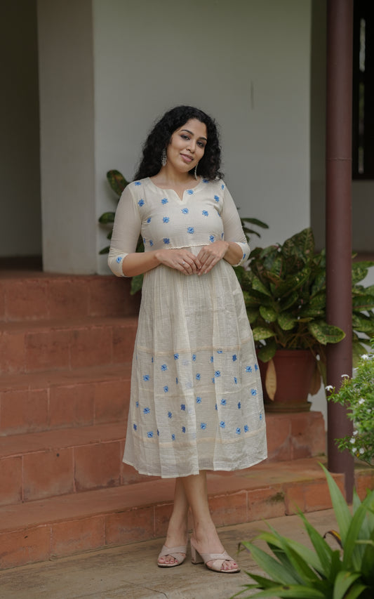 Soft cotton kota Aline Onam kurti with blue shaded embroidery detailings MBS-629