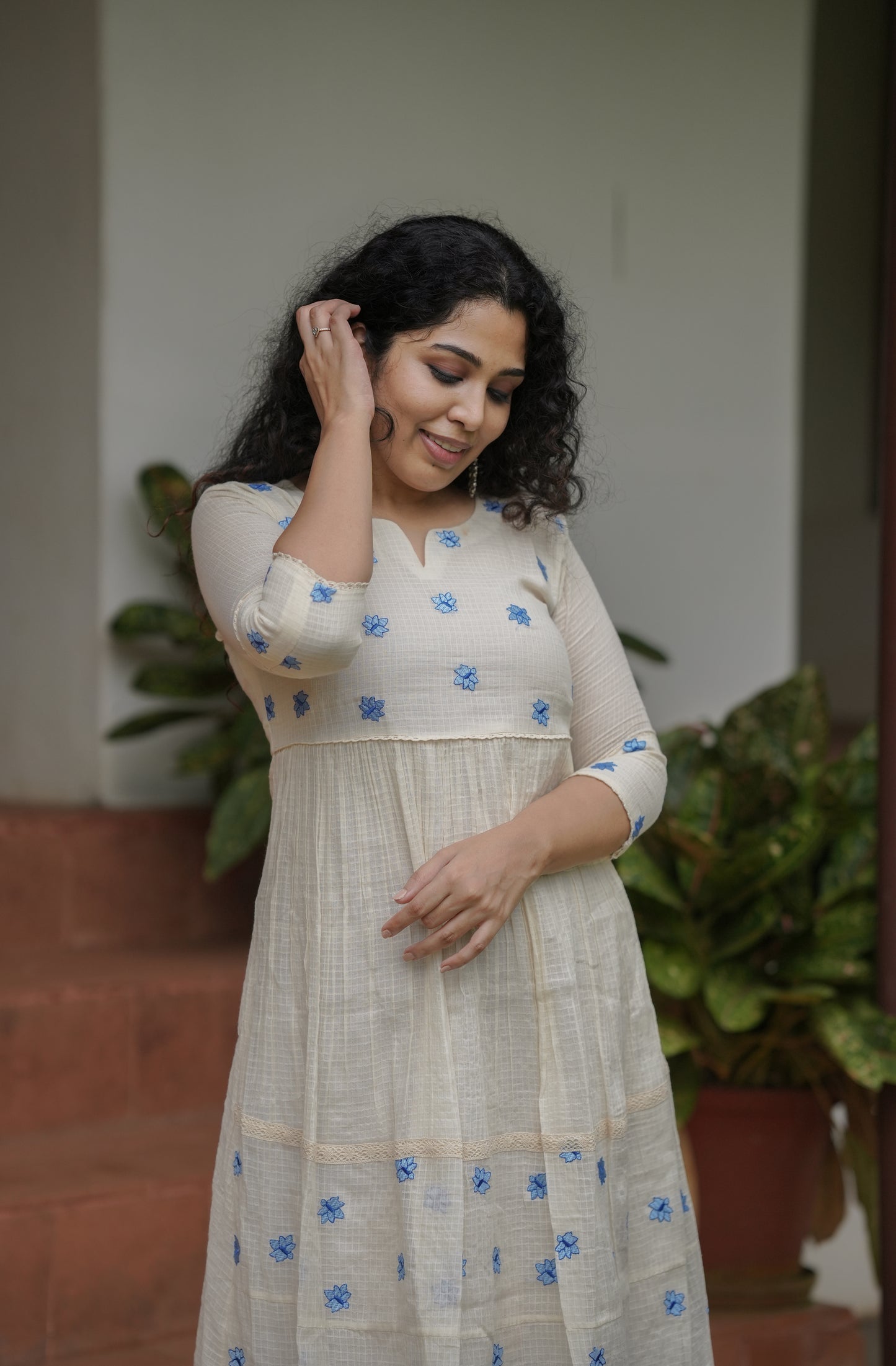 Soft cotton kota Aline  kurti with blue shaded embroidery detailings MBS-629