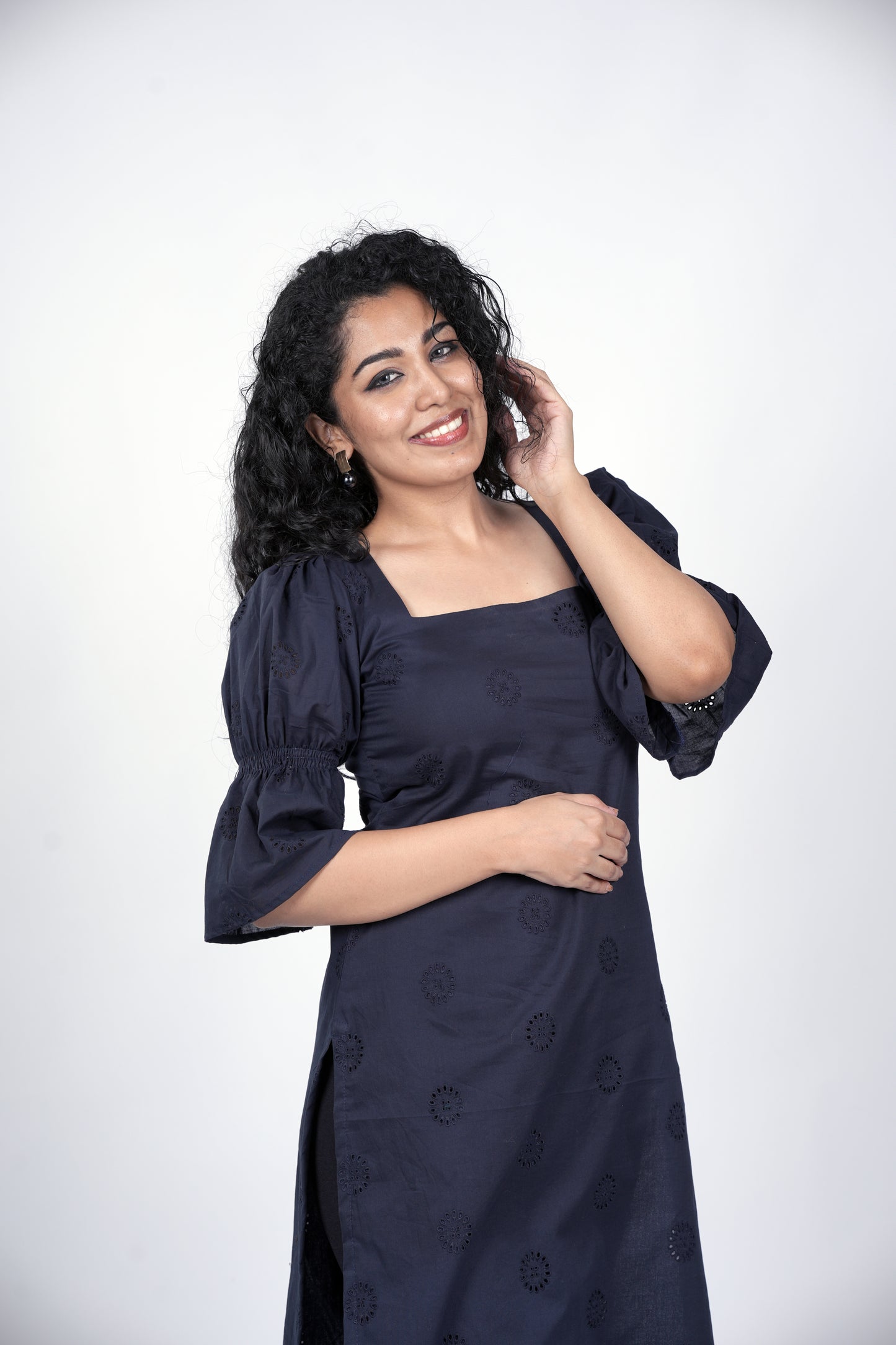 Navy blue cotton hacoba lining kurti with smoked sleeves MBS-R65