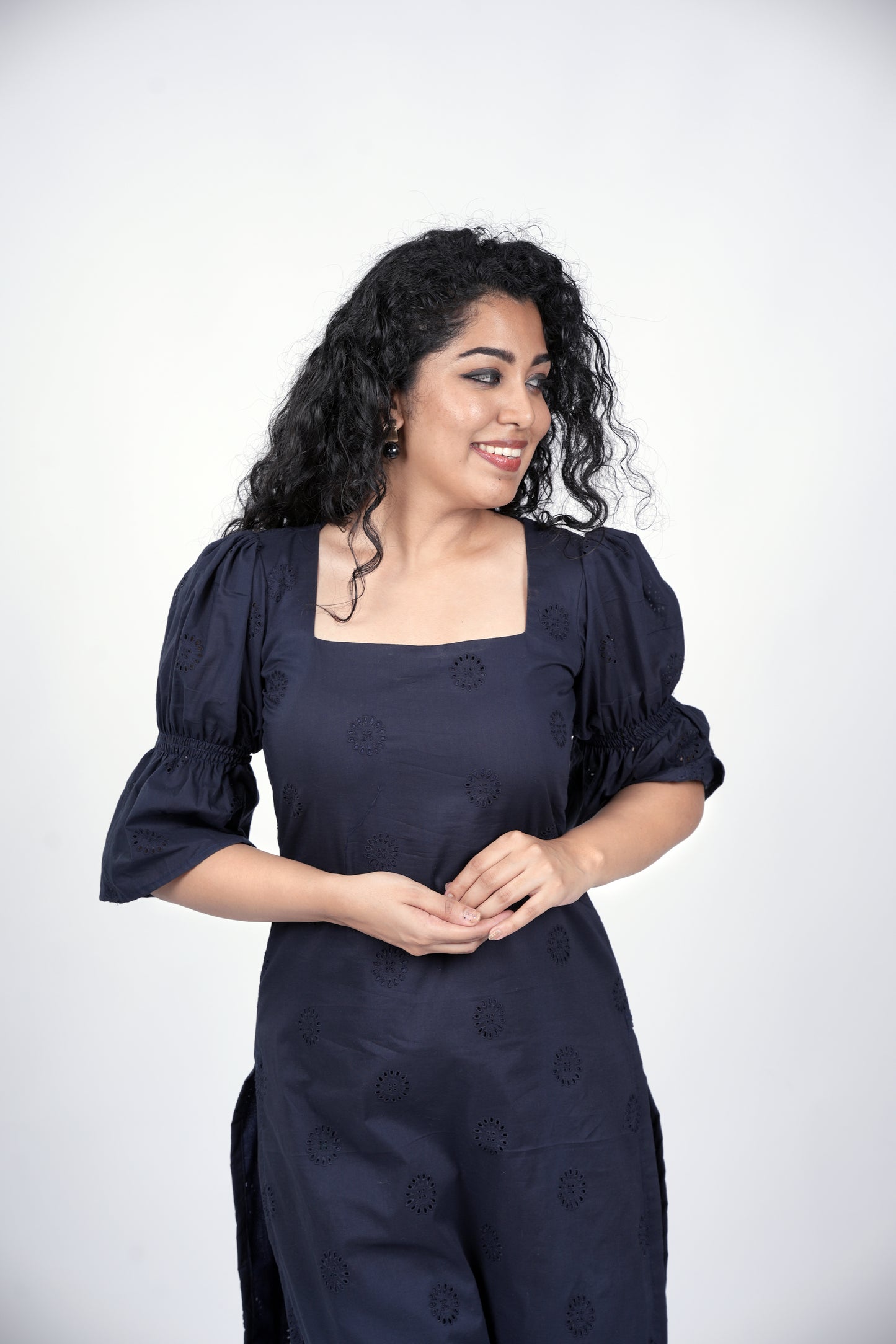 Navy blue cotton hacoba lining kurti with smoked sleeves MBS-R65