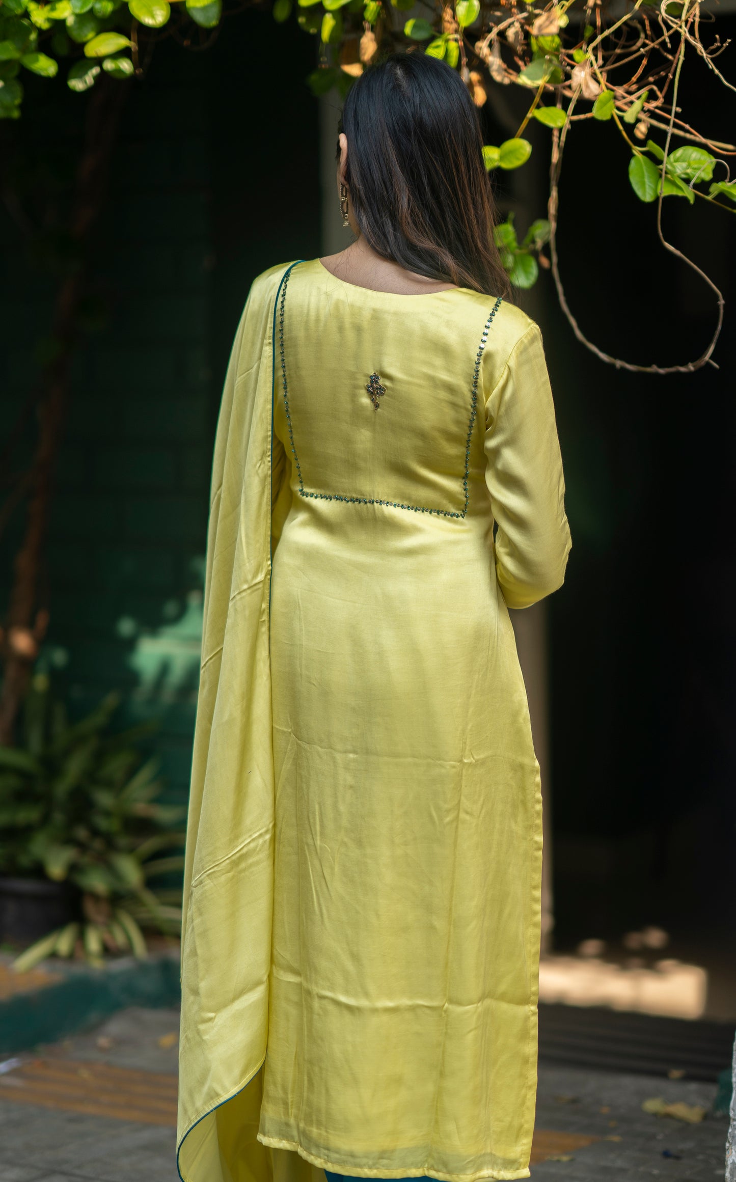 Yellow shaded satin modal slitted kurti with handworked front and back yoke with santoon lining MBS-580