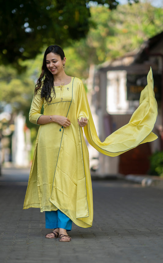 Yellow shaded satin modal slitted kurti with handworked front and back yoke with santoon lining MBS-580