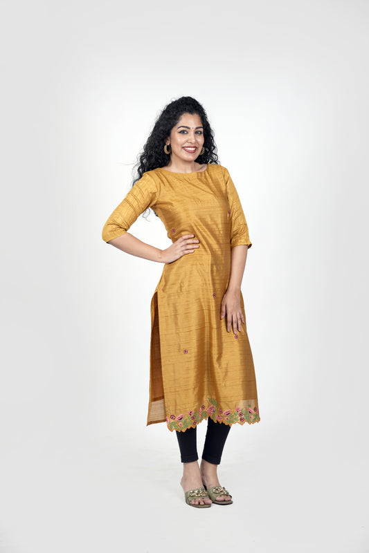 Golden nyra silk lining kurti with floral embroidery works MBS-R68