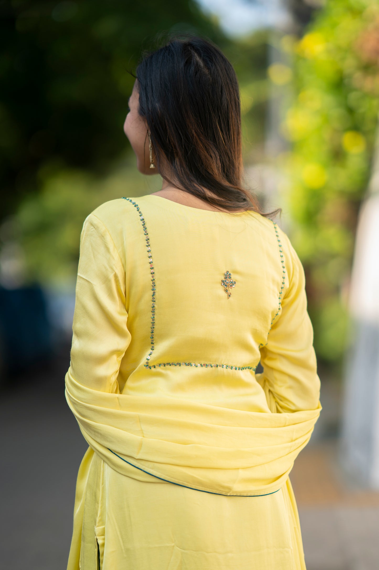 Yellow shaded satin modal slitted kurti with handworked front and back yoke with santoon lining MBS-580