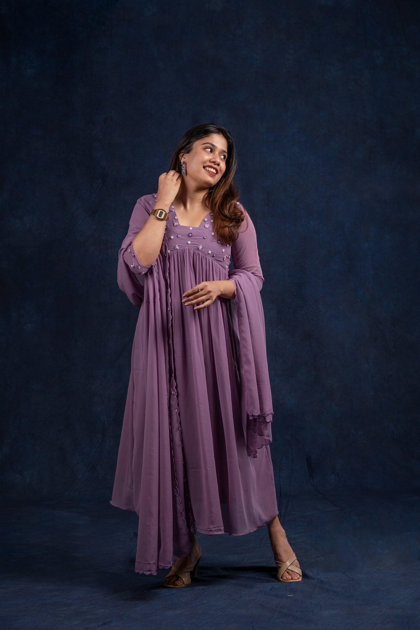 Lavender shaded georgette A-line kurti with heavy handworked yoke and dupatta MBS251