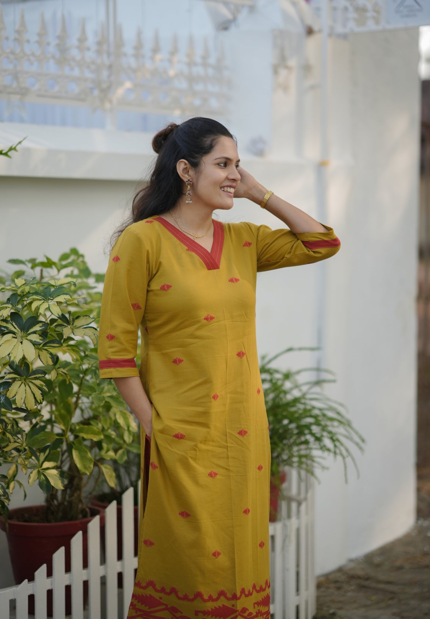 Handloom soft cotton Jamdhani kurti with bottom in mustard yellow shade MBS-773