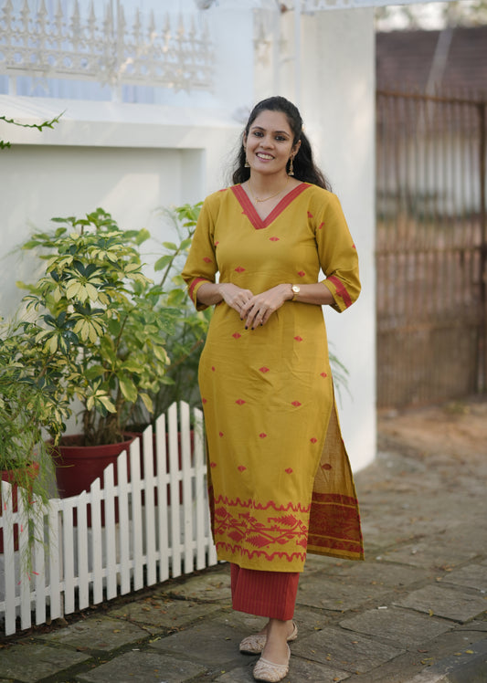 Handloom soft cotton Jamdhani kurti with bottom in mustard yellow shade MBS-773