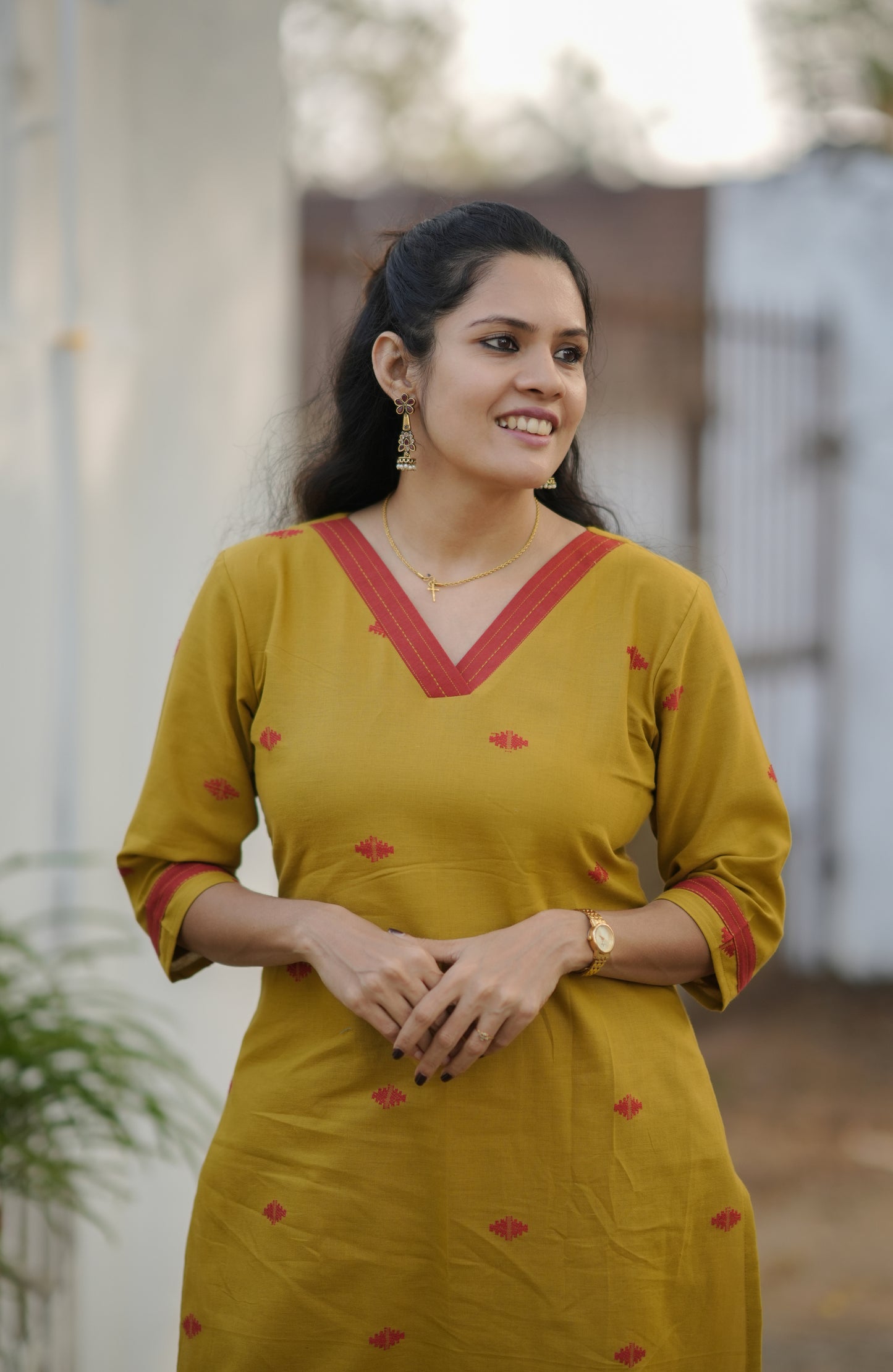 Handloom soft cotton Jamdhani kurti with bottom in mustard yellow shade MBS-773