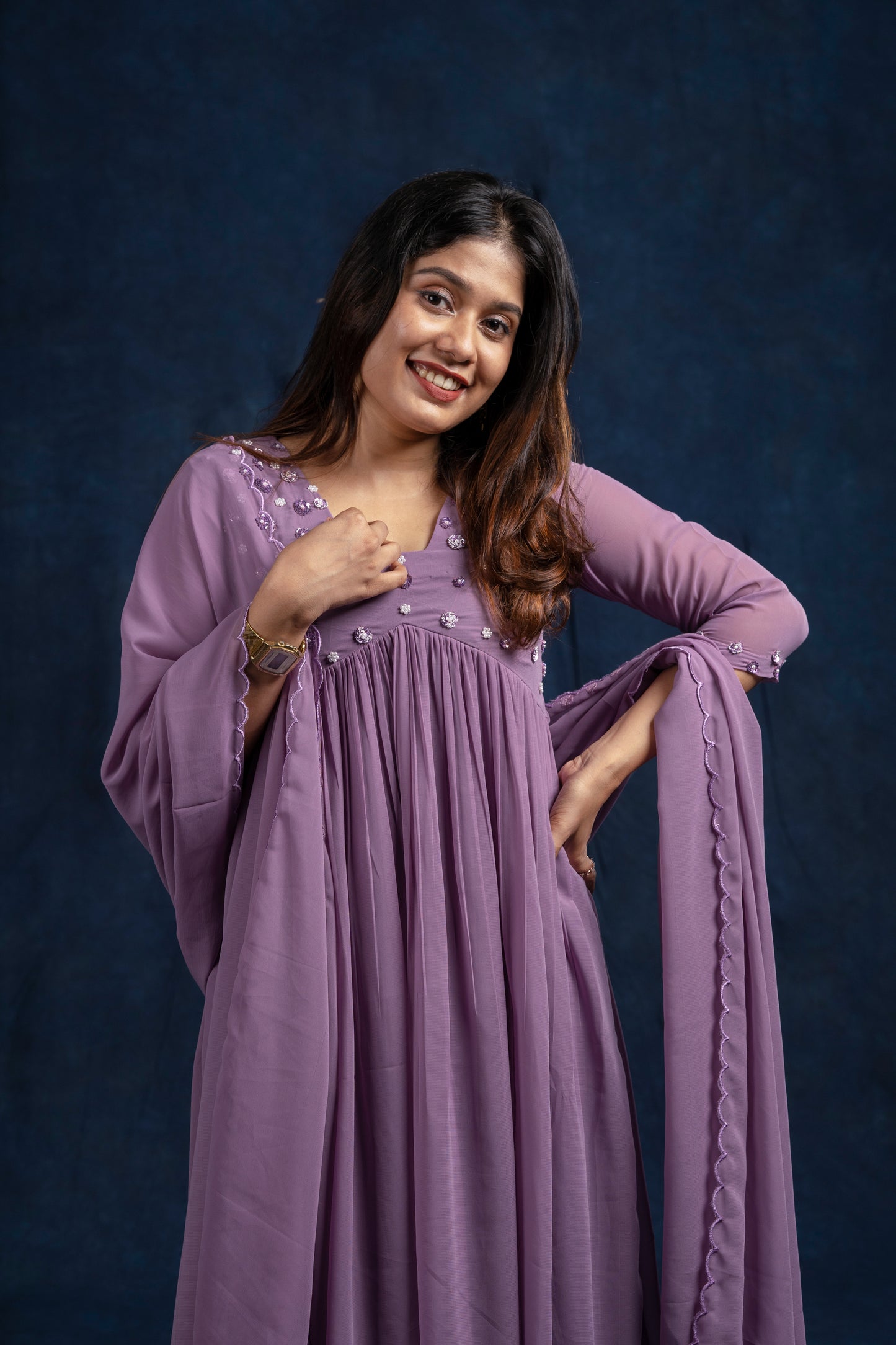 Lavender shaded georgette A-line kurti with heavy handworked yoke and dupatta MBS251