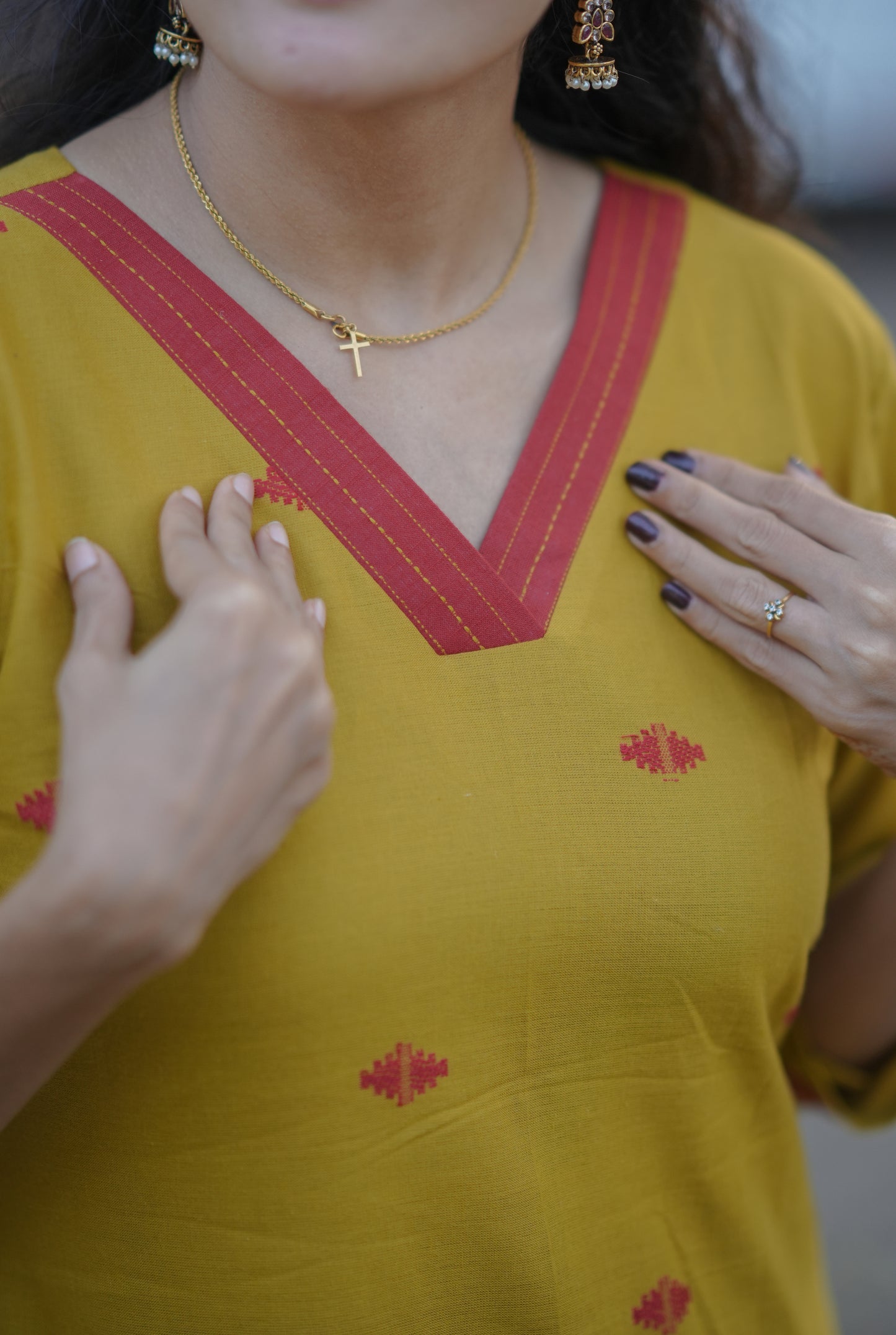 Handloom soft cotton Jamdhani kurti with bottom in mustard yellow shade MBS-773