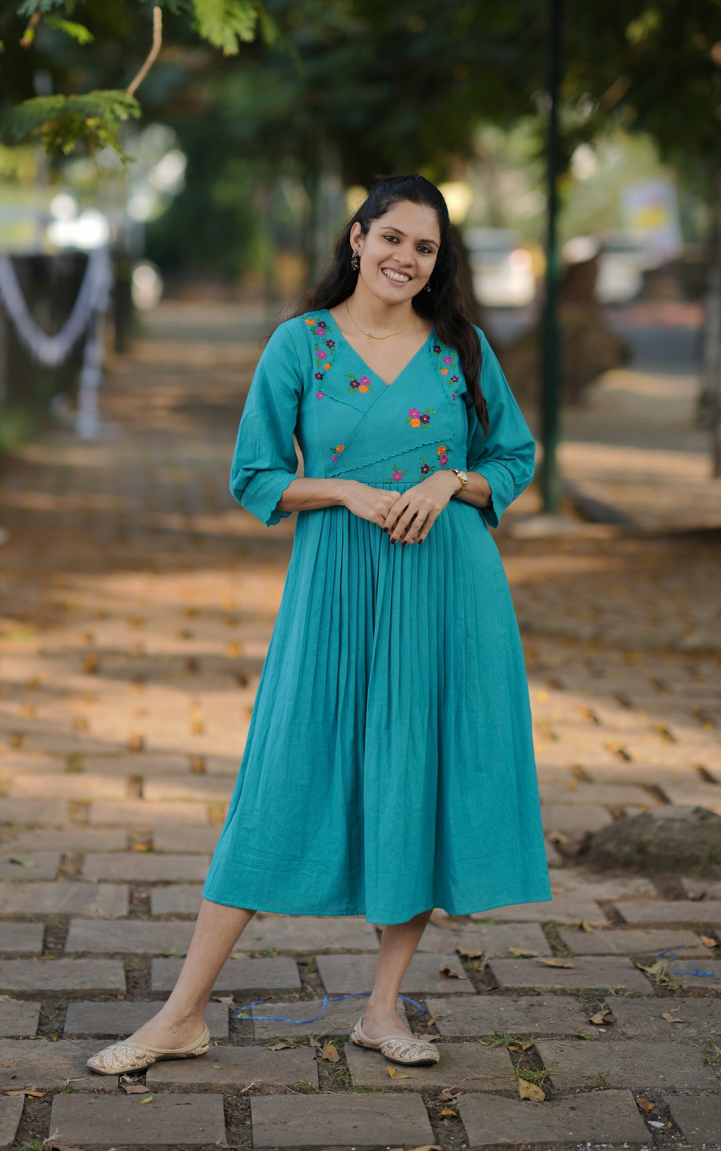 Aqua blue shaded flex cotton A-line kurti/dress with floral embroidered overlapped yoke with scallop MBS-774