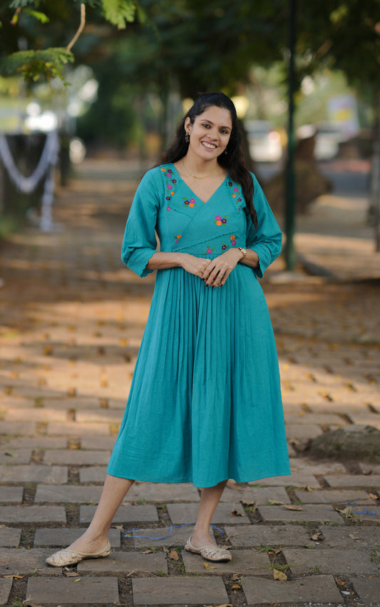 Aqua blue shaded flex cotton A-line kurti/dress with floral embroidered overlapped yoke with scallop MBS-774