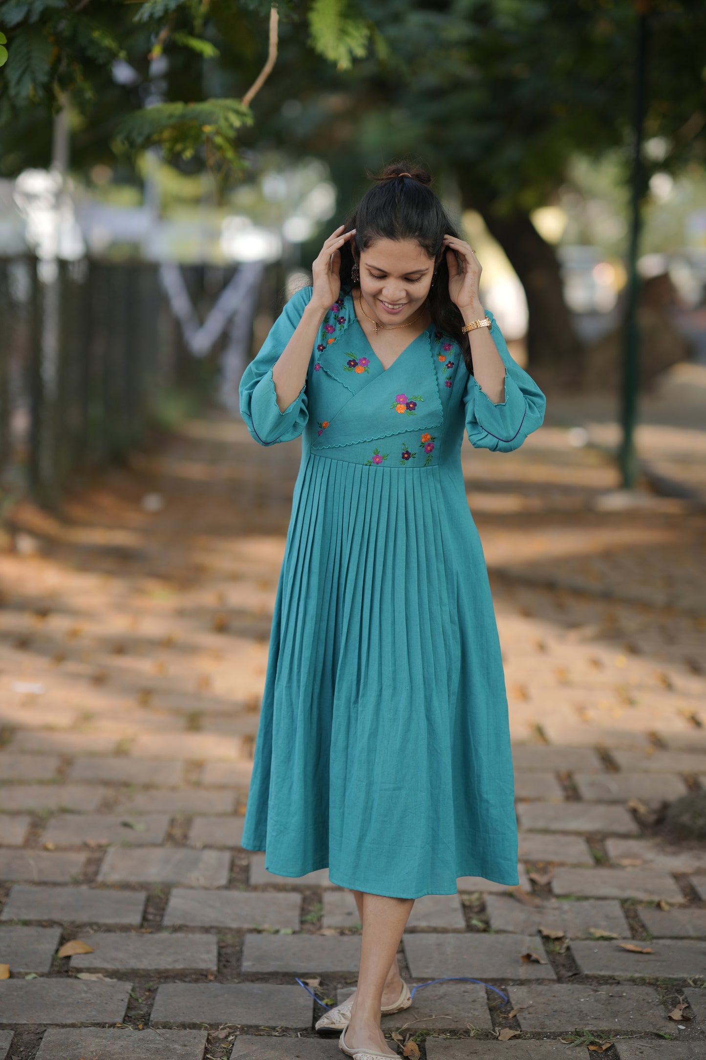 Aqua blue shaded flex cotton A-line kurti/dress with floral embroidered overlapped yoke with scallop MBS-774