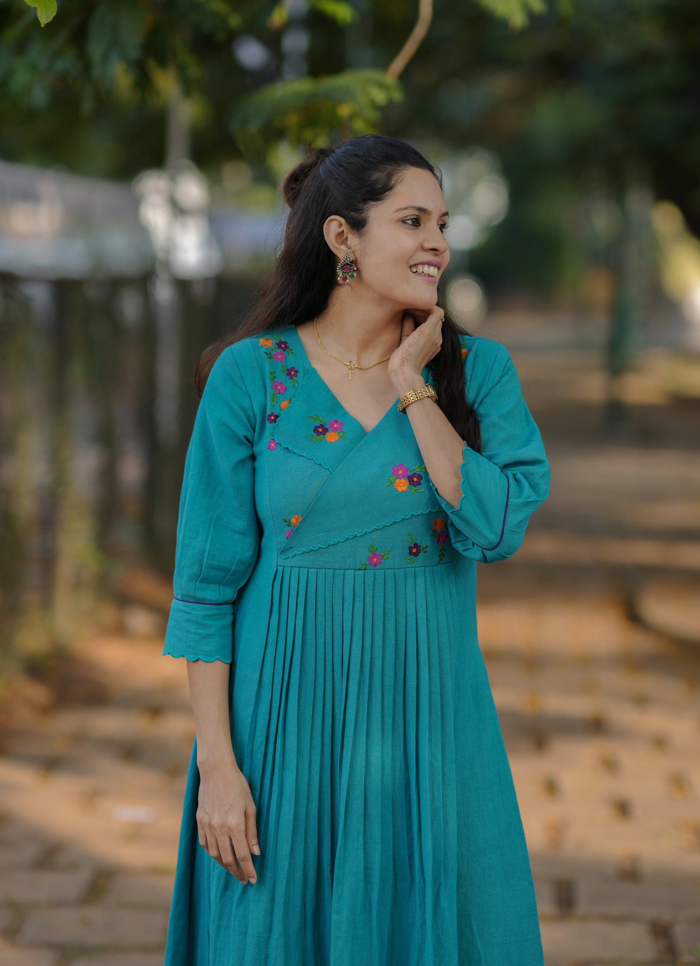 Aqua blue shaded flex cotton A-line kurti/dress with floral embroidered overlapped yoke with scallop MBS-774