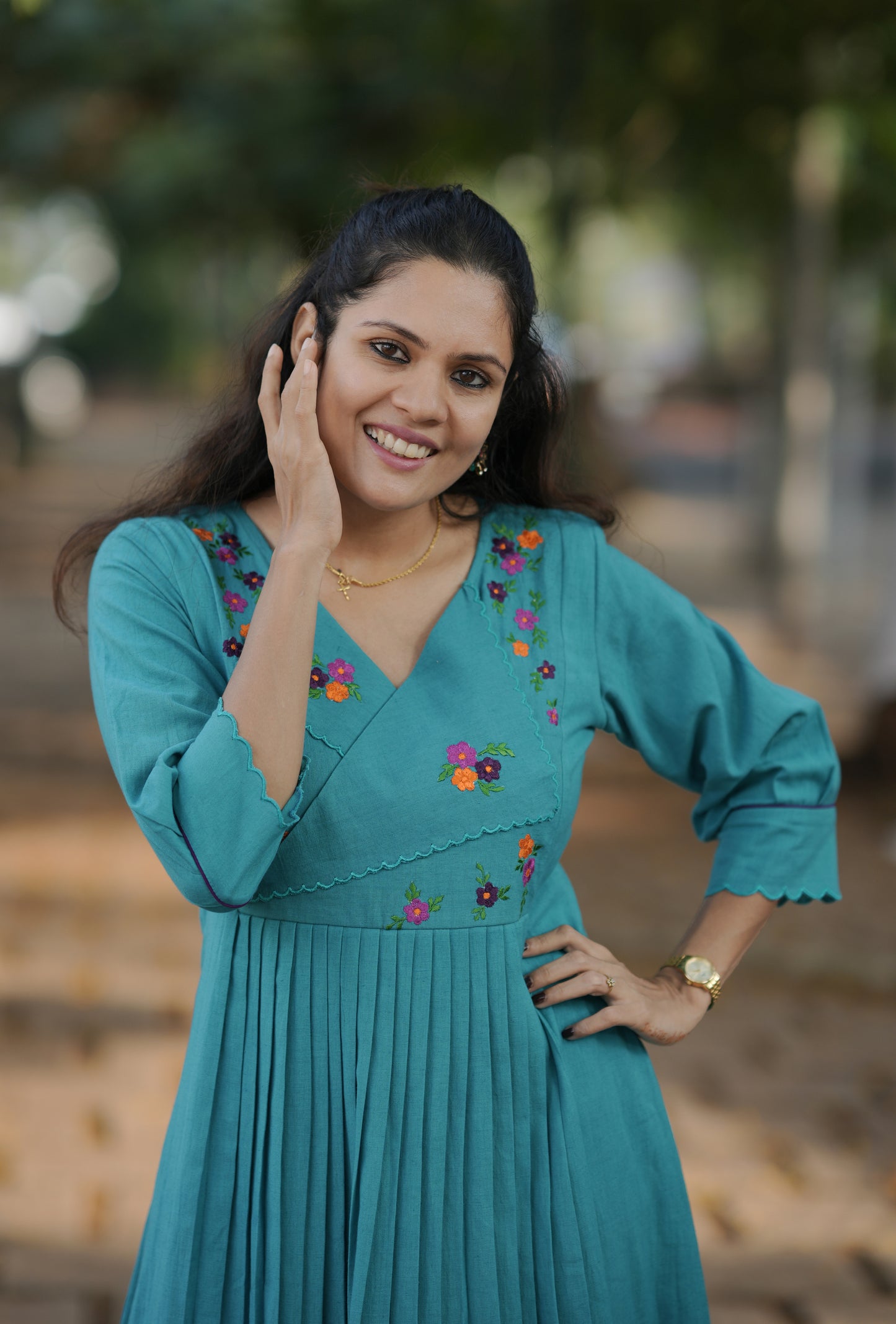 Aqua blue shaded flex cotton A-line kurti/dress with floral embroidered overlapped yoke with scallop MBS-774