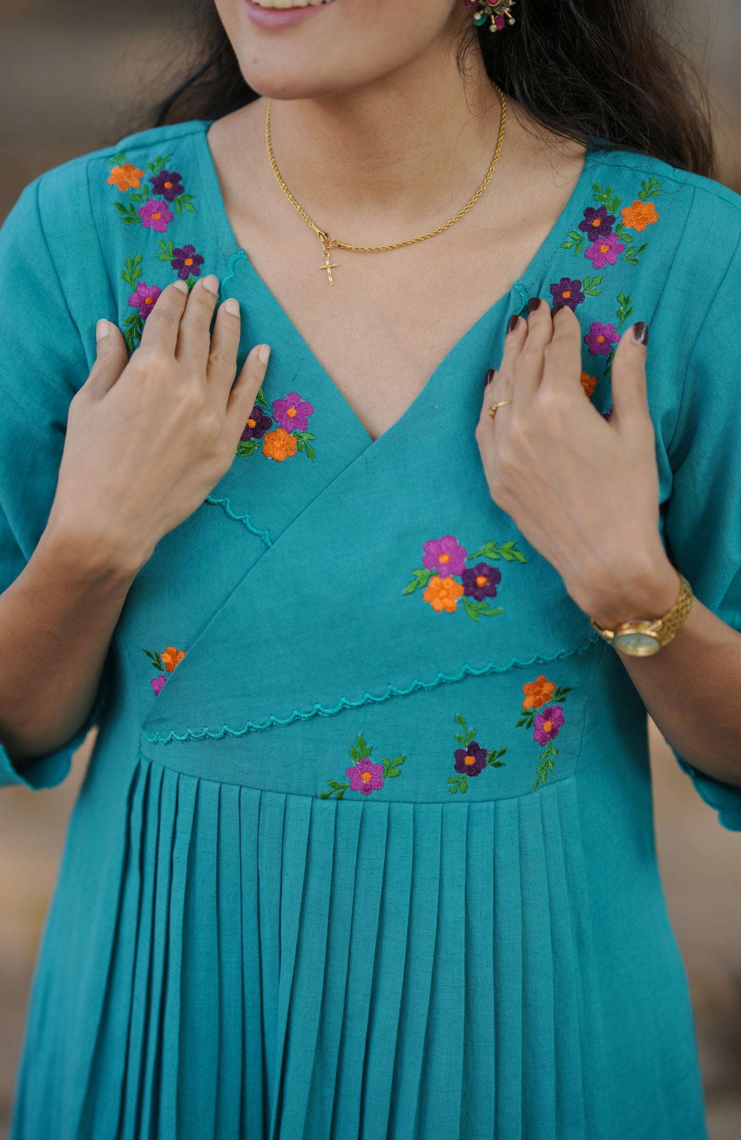 Aqua blue shaded flex cotton A-line kurti/dress with floral embroidered overlapped yoke with scallop MBS-774