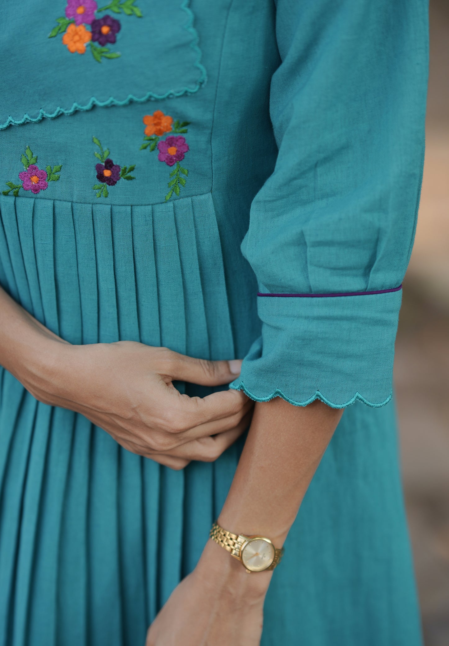 Aqua blue shaded flex cotton A-line kurti/dress with floral embroidered overlapped yoke with scallop MBS-774