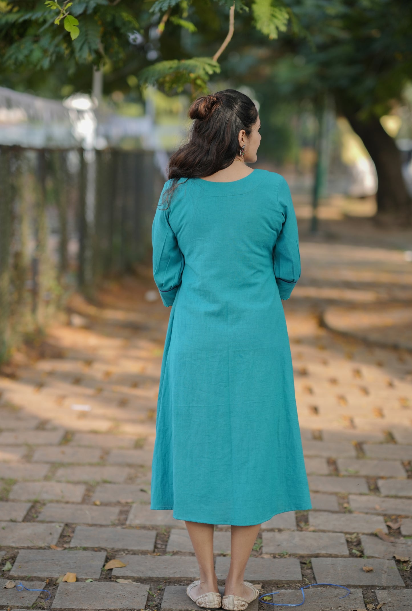 Aqua blue shaded flex cotton A-line kurti/dress with floral embroidered overlapped yoke with scallop MBS-774