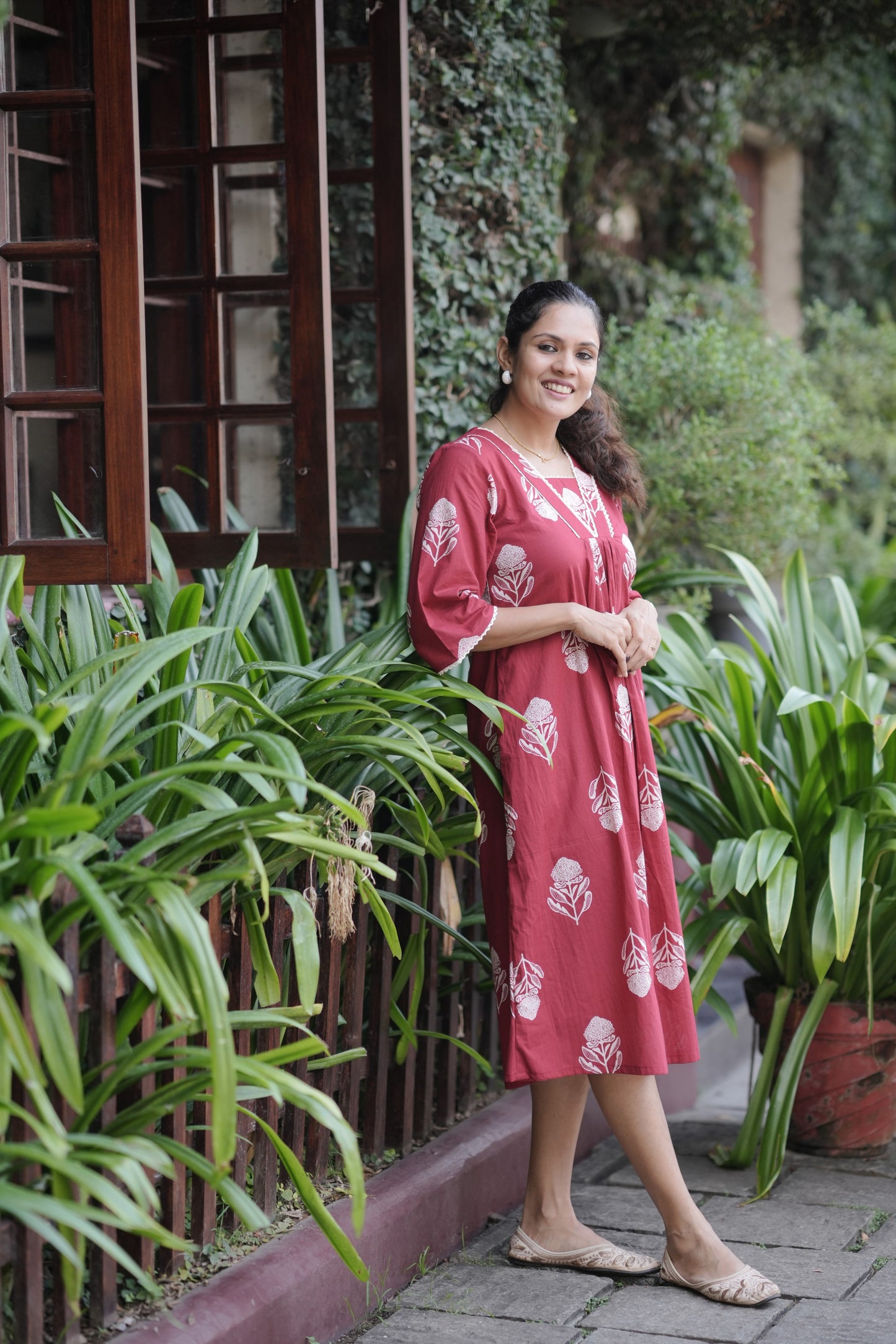 Red floral printed kurti/dress with crochet lace detailed neck MBS-765 ***Ready to Dispatch***