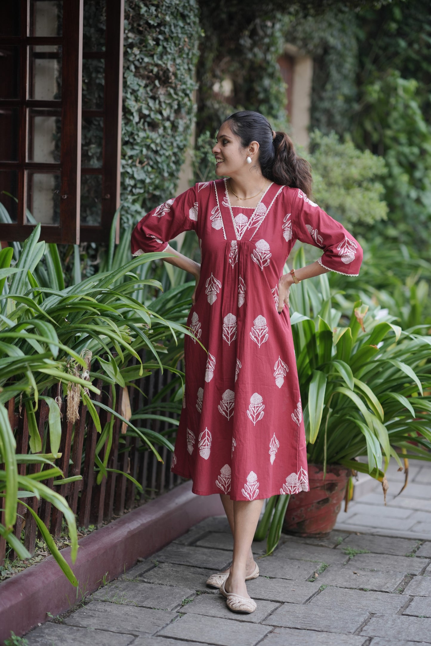 Red floral printed kurti/dress with crochet lace detailed neck MBS-765 ***Ready to Dispatch***