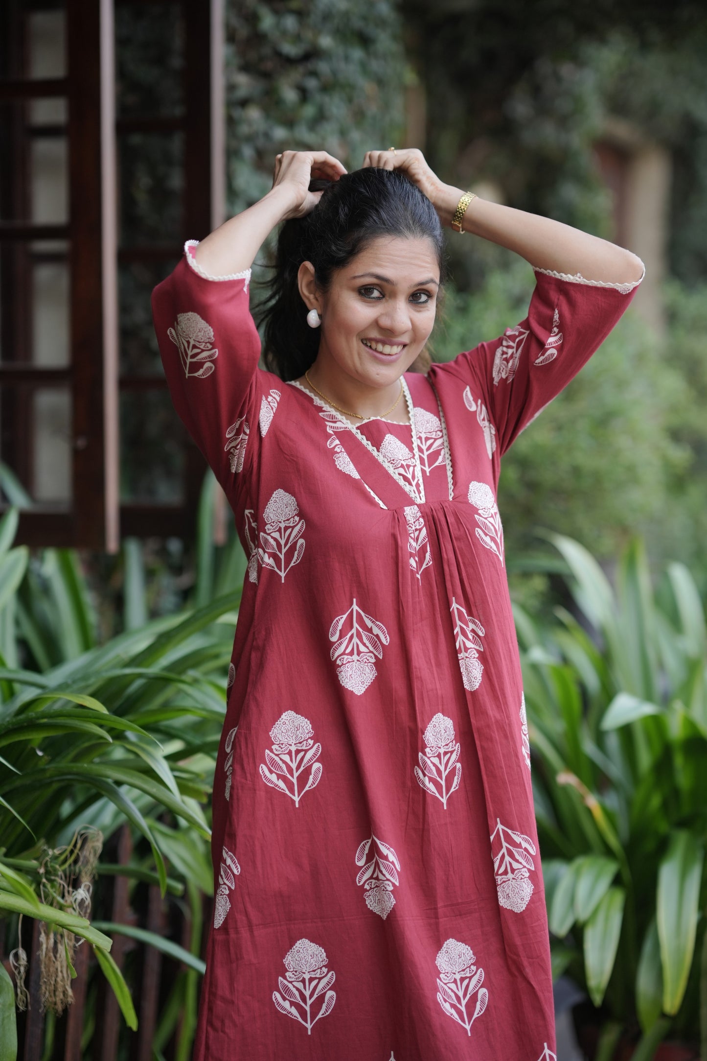 Red floral printed kurti/dress with crochet lace detailed neck MBS-765 ***Ready to Dispatch***