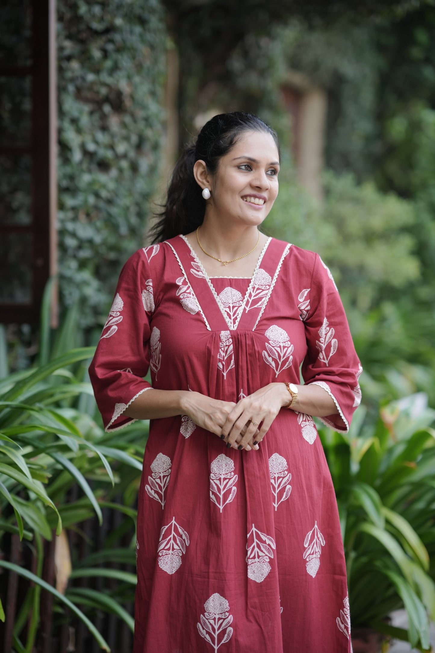 Red floral printed kurti/dress with crochet lace detailed neck MBS-765 ***Ready to Dispatch***