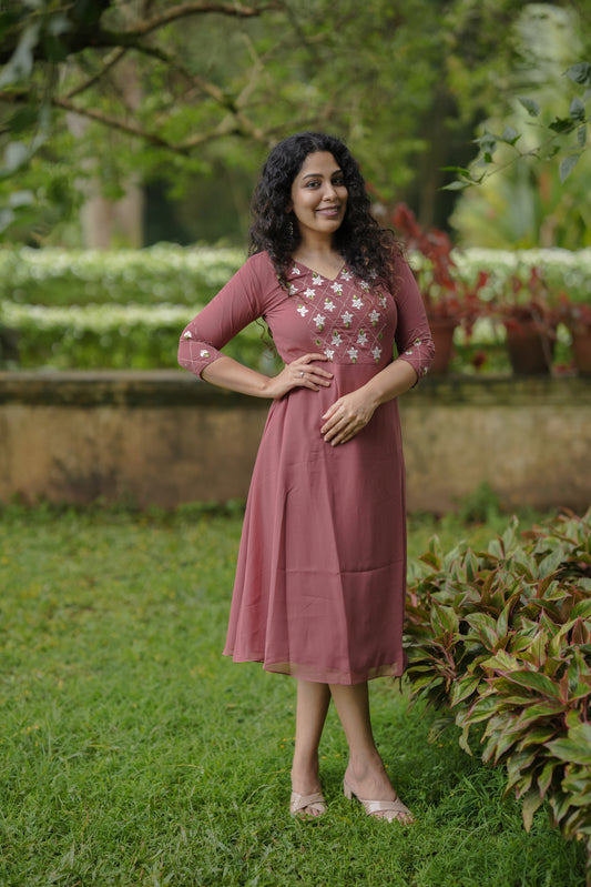 Pastel chocolate shaded georgette A-line kurti/dress with thread embroidered yoke and sleeves MBS-647