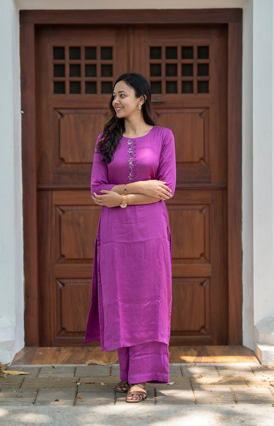 Amaranth shaded satin modal slitted handworked yoke kurti with bottom MBS-593