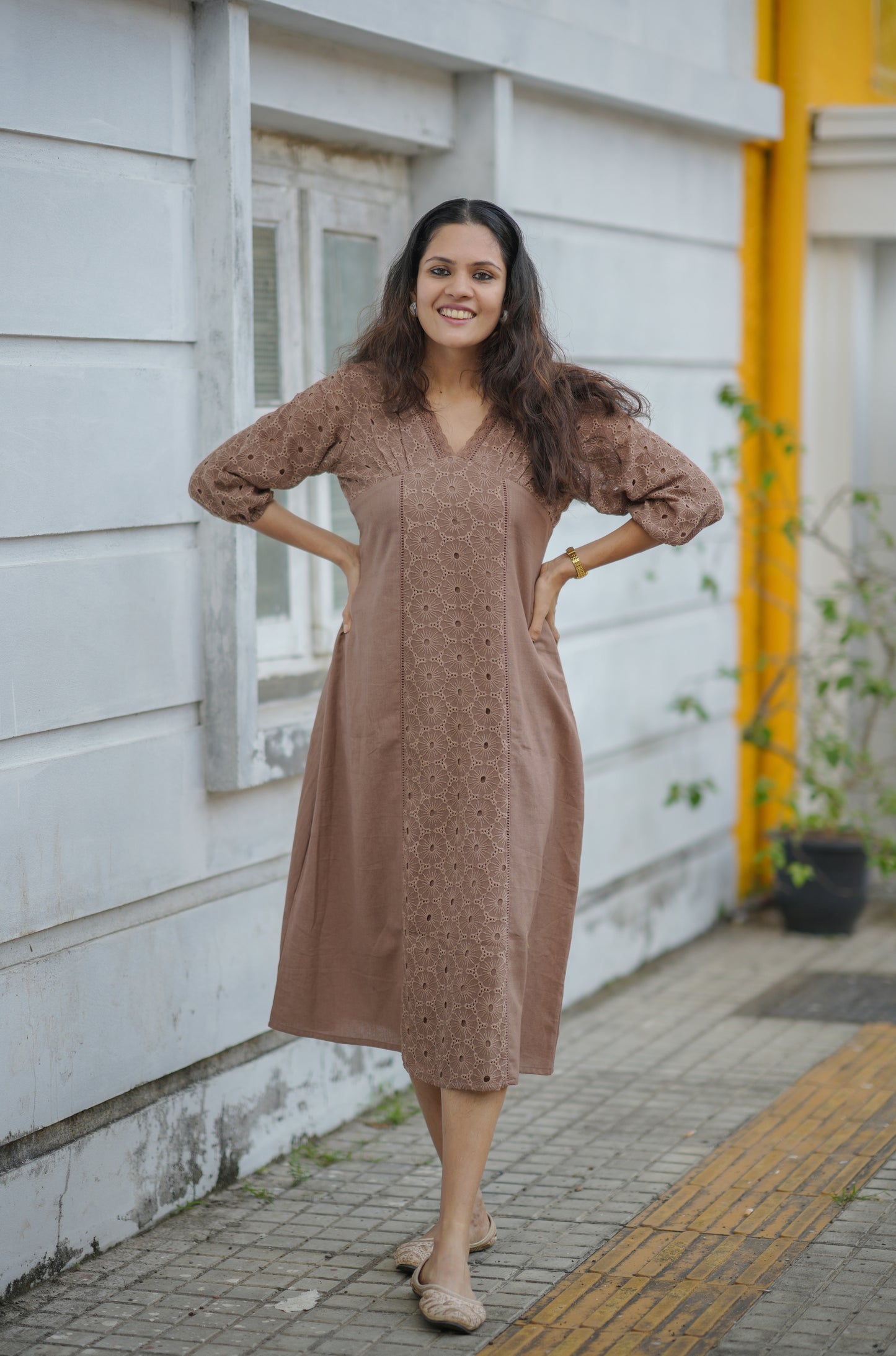 Chocolate shaded flex cotton kurti/dress detailed with hacoba and lace MBS-771