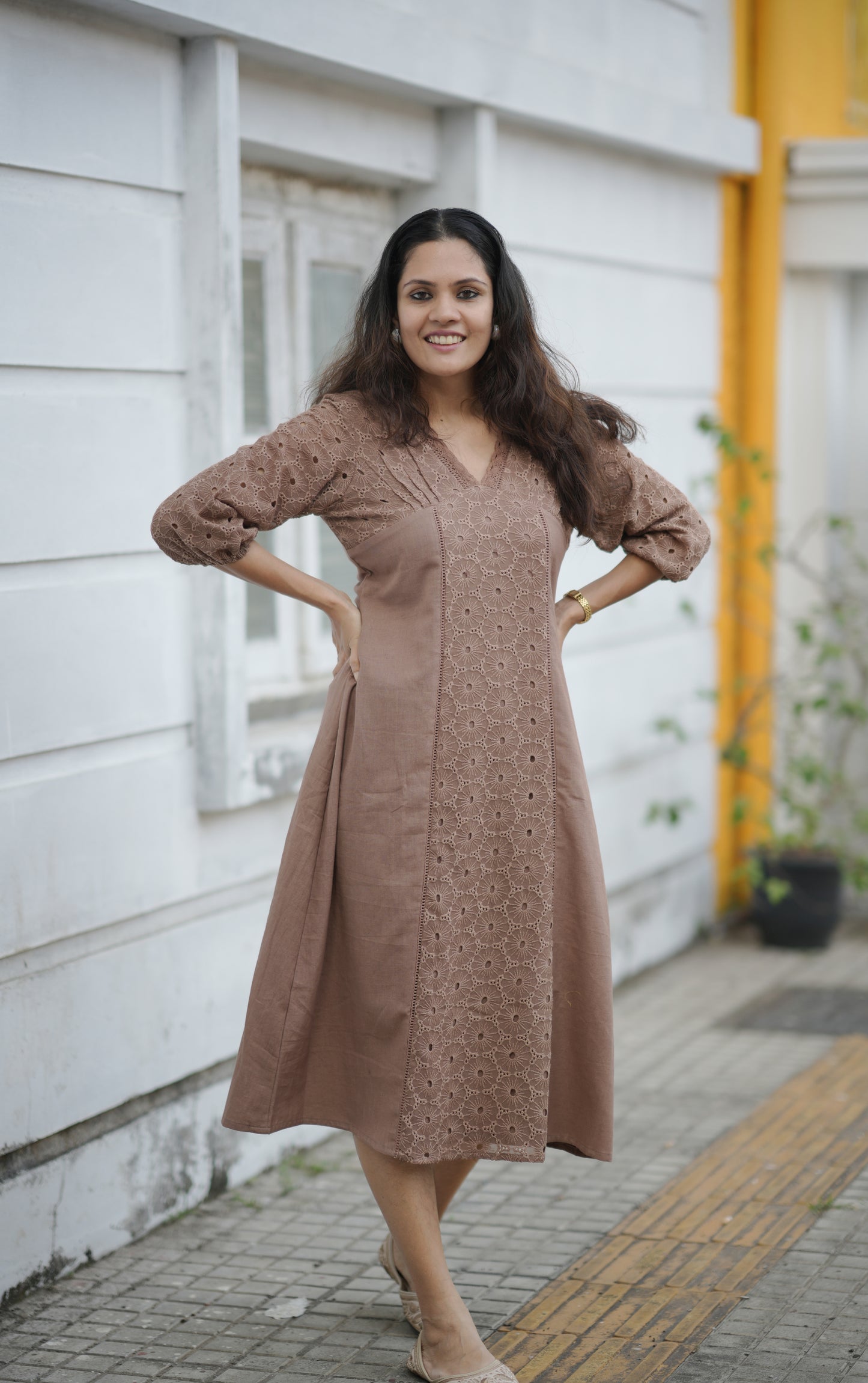 Chocolate shaded flex cotton kurti/dress detailed with hacoba and lace MBS-771