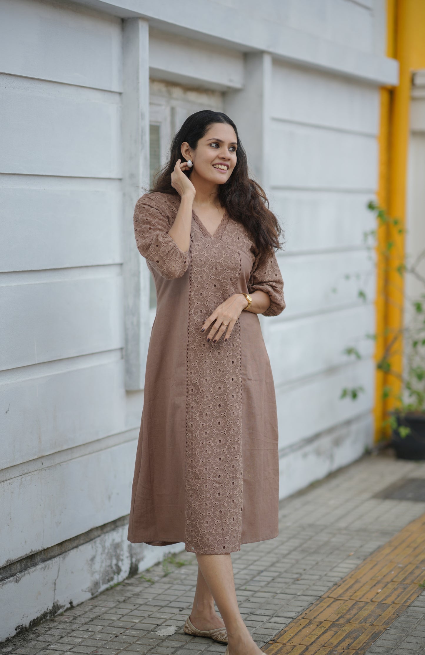 Chocolate shaded flex cotton kurti/dress detailed with hacoba and lace MBS-771