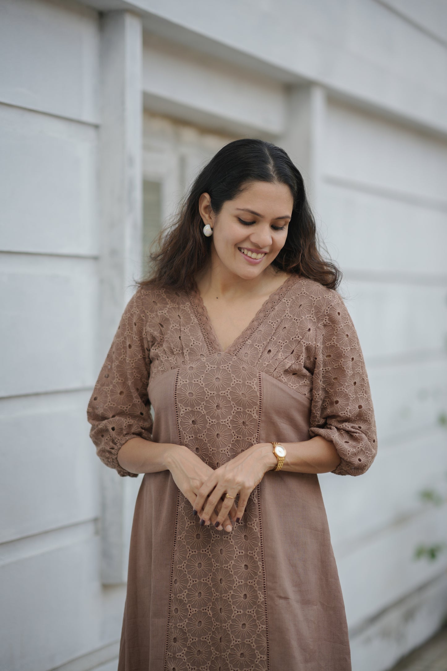 Chocolate shaded flex cotton kurti/dress detailed with hacoba and lace MBS-771