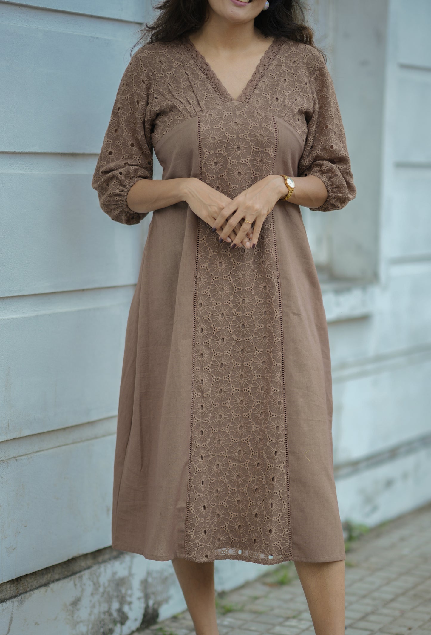 Chocolate shaded flex cotton kurti/dress detailed with hacoba and lace MBS-771