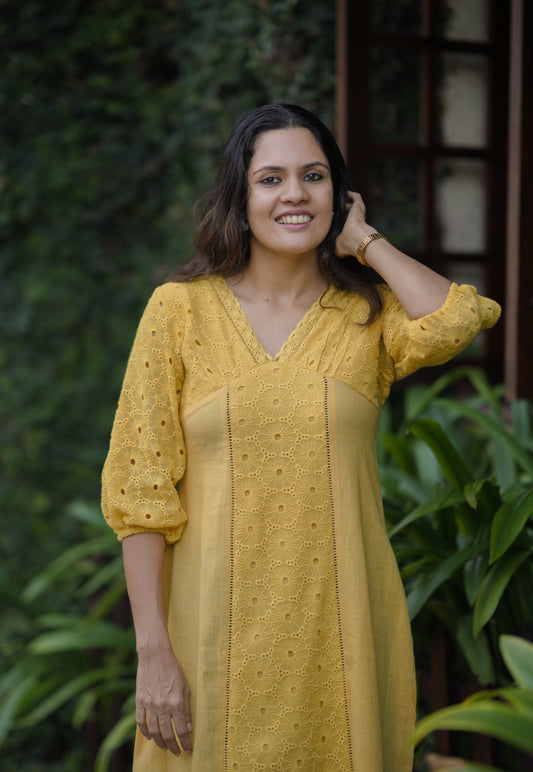 Yellow shaded flex cotton kurti/dress detailed with hacoba and lace MBS-770