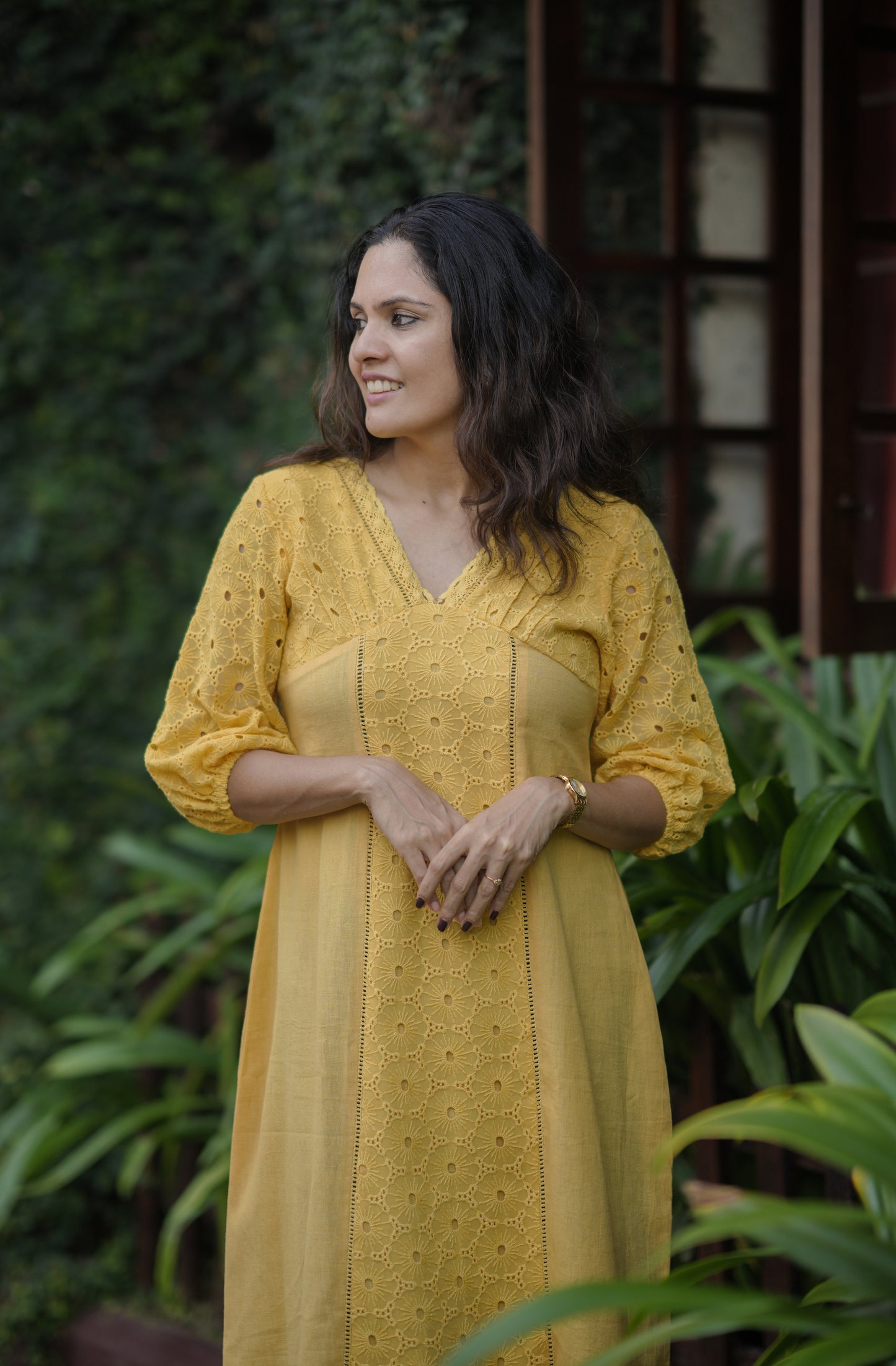 Yellow shaded flex cotton kurti/dress detailed with hacoba and lace MBS-770