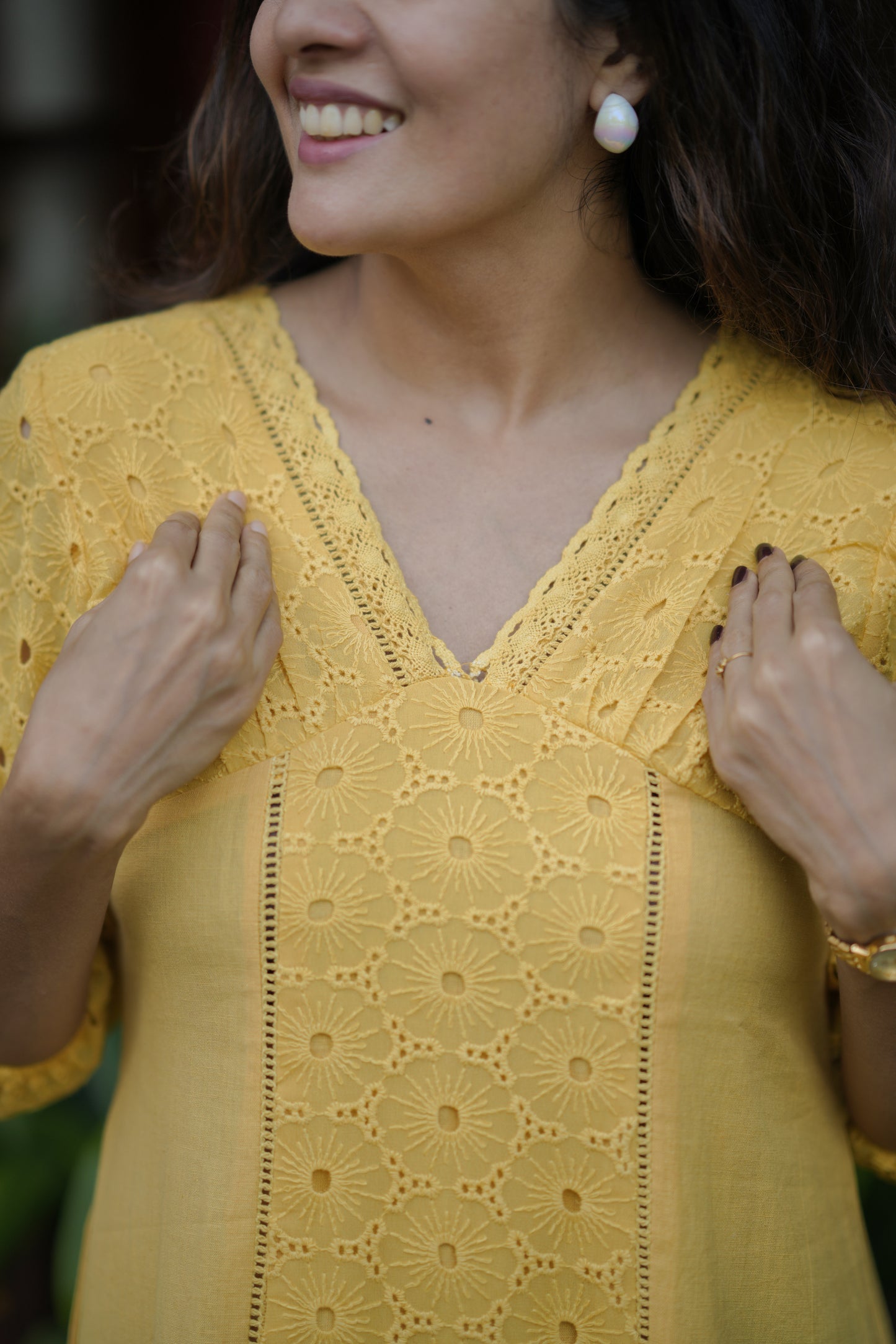 Yellow shaded flex cotton kurti/dress detailed with hacoba and lace MBS-770